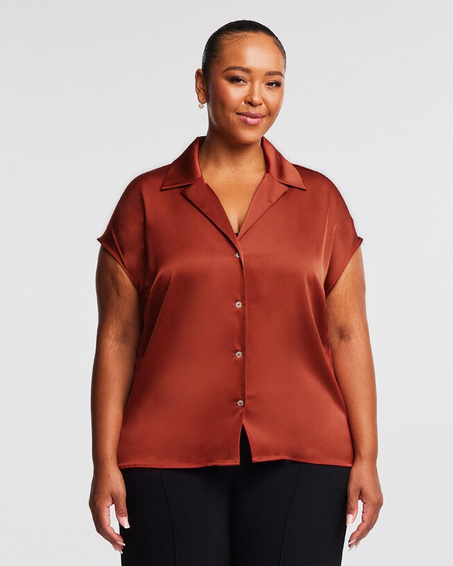 Amber Satin Button Up Shirt, Rust / Red, alternate image number null