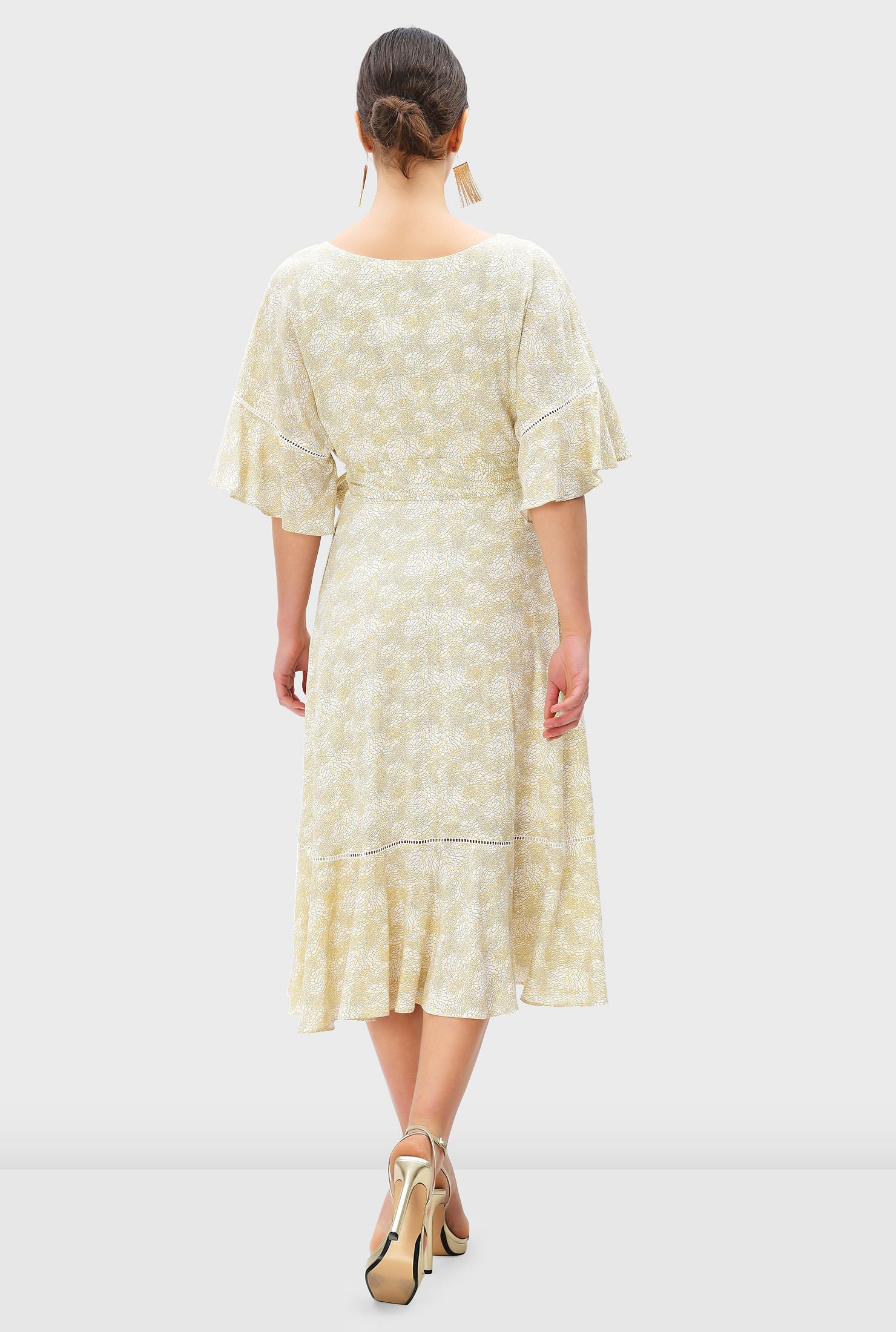 Graphic Floral Print Modal Ruffle Flounce Wrap Dress, Golden Yellow / Cream, alternate image number 3