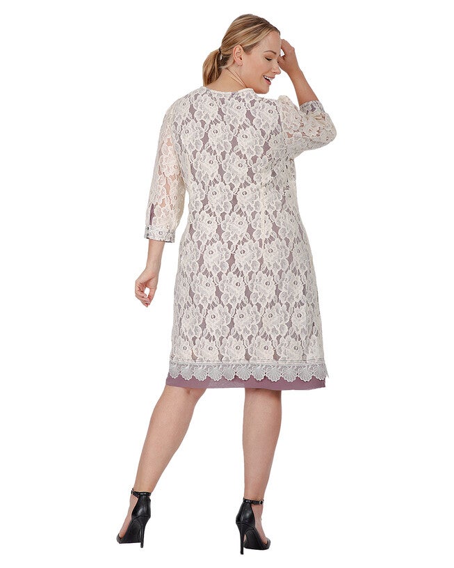 Everleigh Women's Plus Size Elegant Floral Lace Boat Neck 3/4 sleeve Midi Dress, Beige / Ivory, alternate image number 3