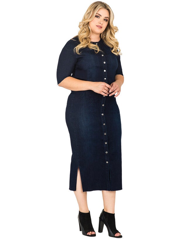 Plus Size Elain Indigo Denim Snap Button Up Midi Pencil Skirt - Frayed Hem, Blue / Dark Wash, alternate image number null