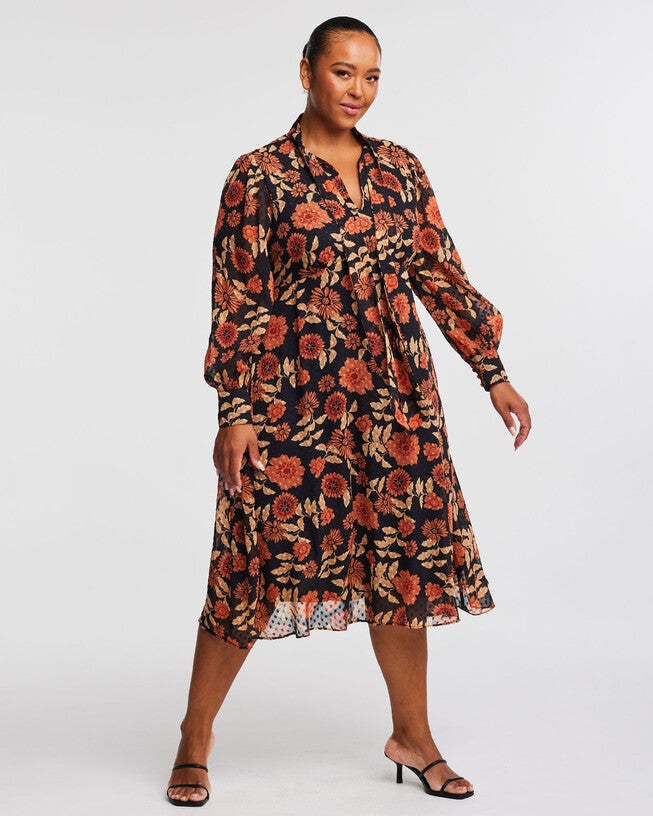 Autumnal Floral Midi Dress with Neck-Tie, , alternate image number 7