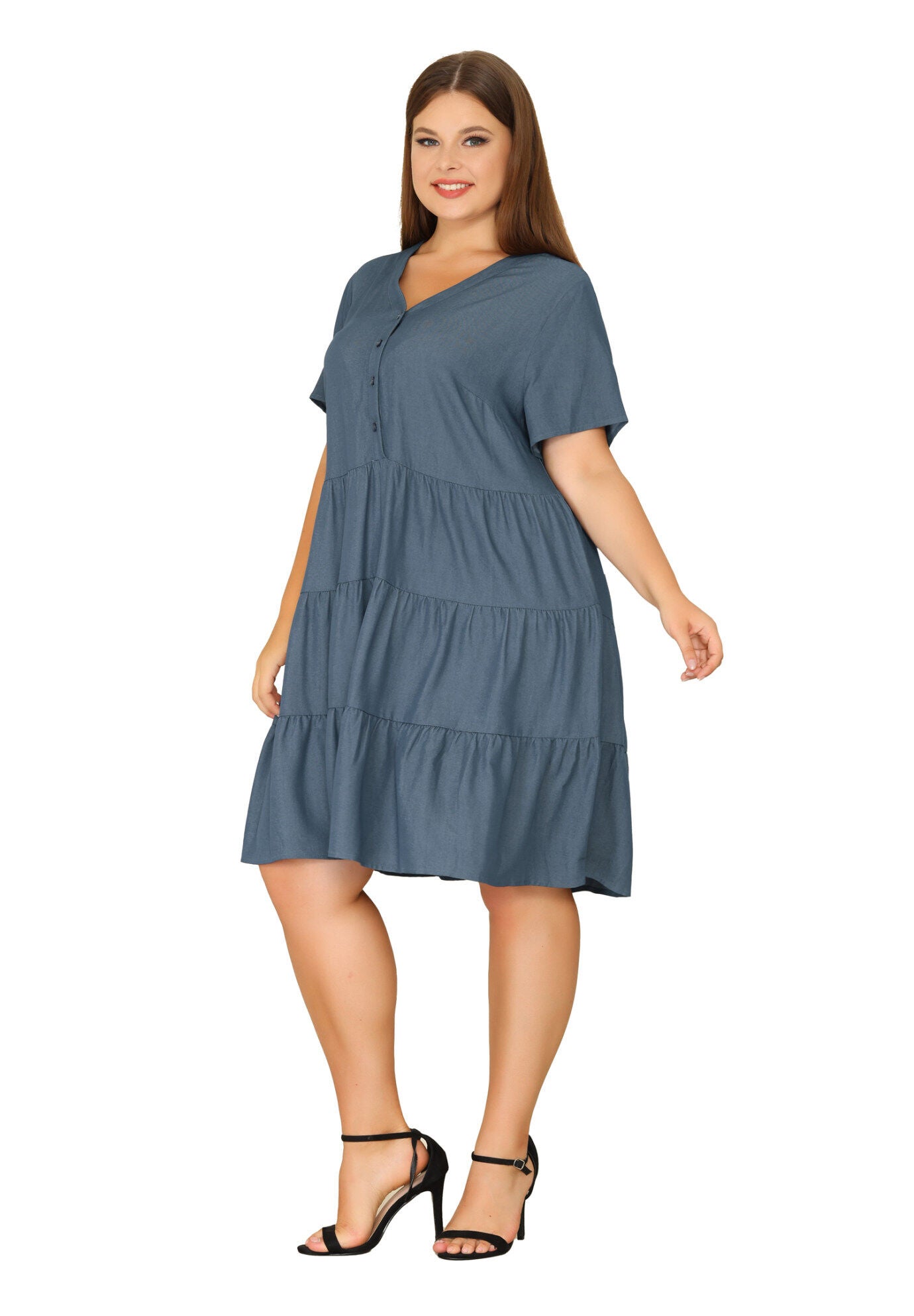 Button Down V Neck Knee Length Tiered Chambray Dress, Grey Black / Charcoal Grey, hi-res image number 0