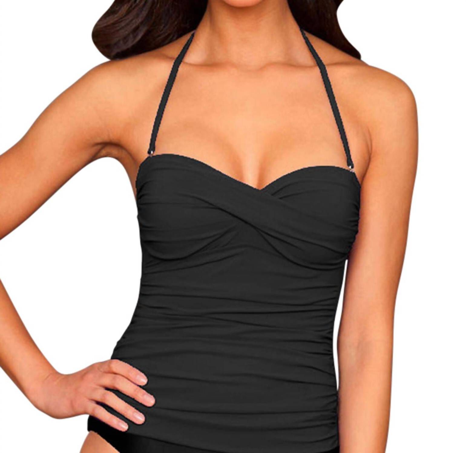 TWIST FRONT BANDEAU TANKINI TOP, Black / Black, hi-res image number 0
