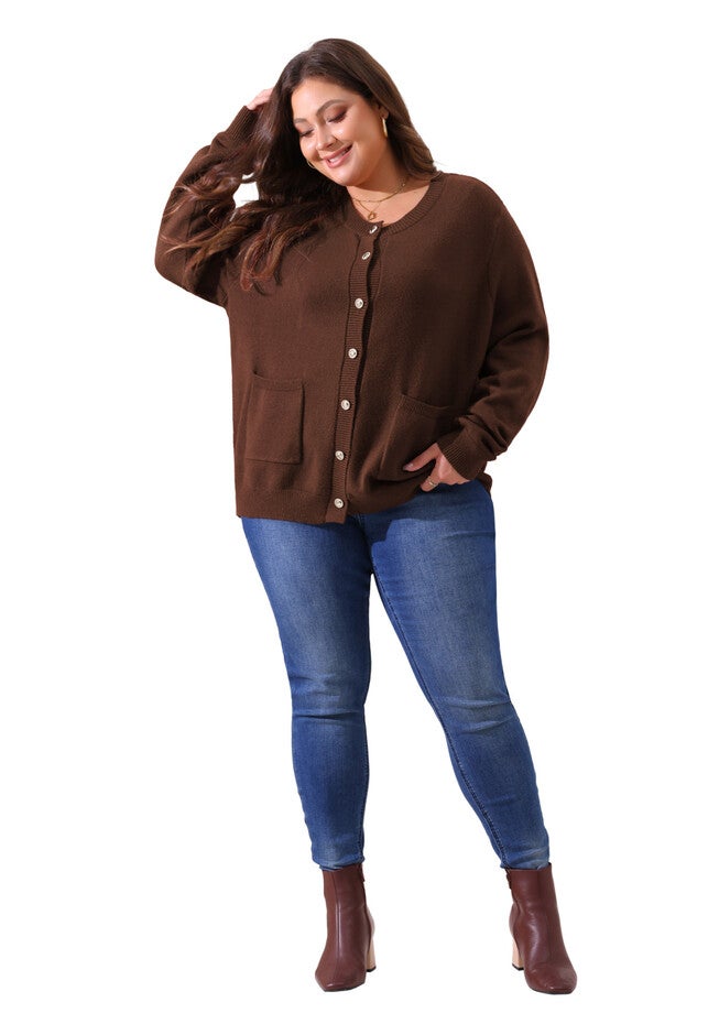Button Down Crew Neck Sweater Knit Cardigan, Dark Brown / Brown, hi-res image number 0