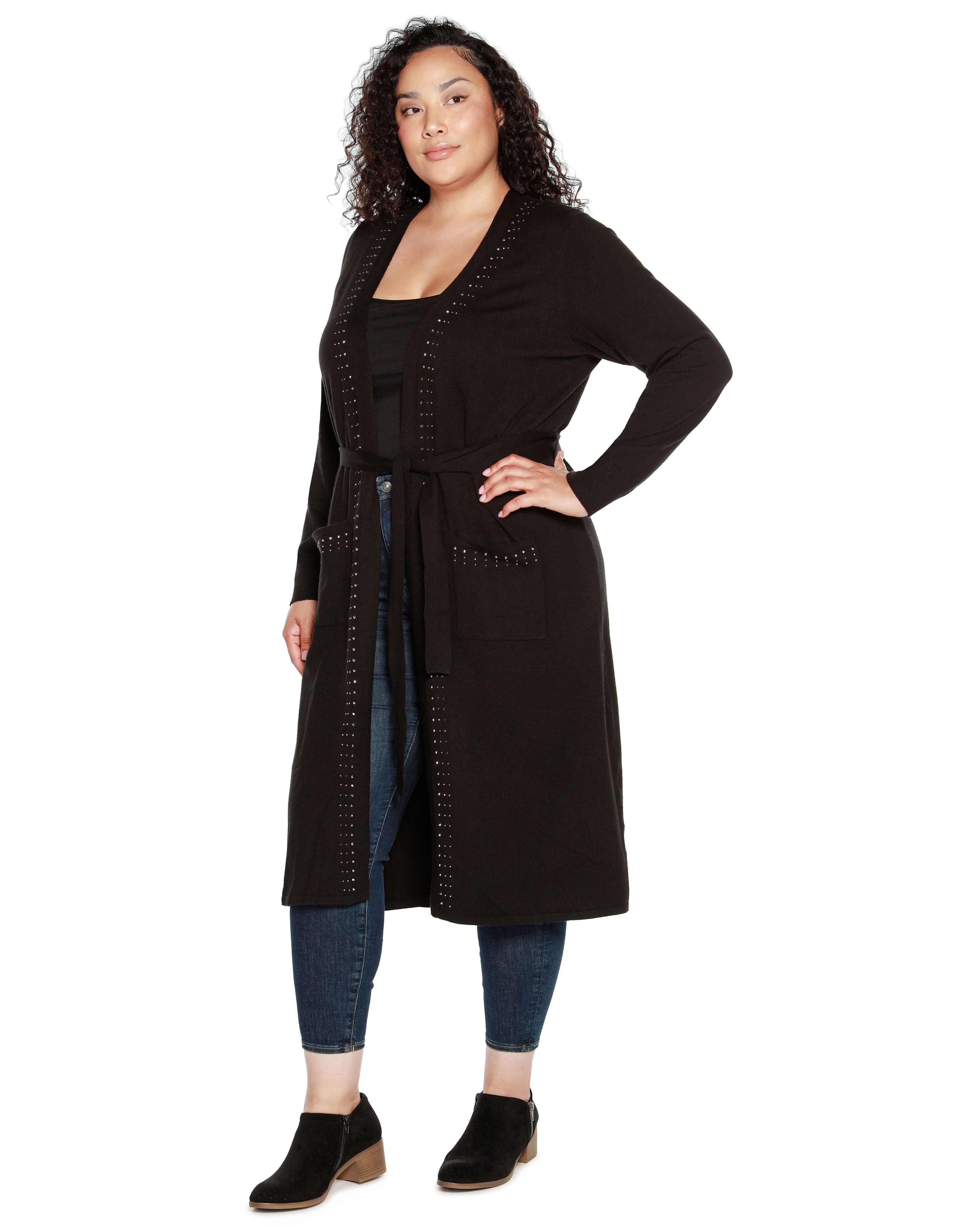 RHINESTONE-TRIM BELTED DUSTER CARDIGAN, Black / Black, alternate image number 2