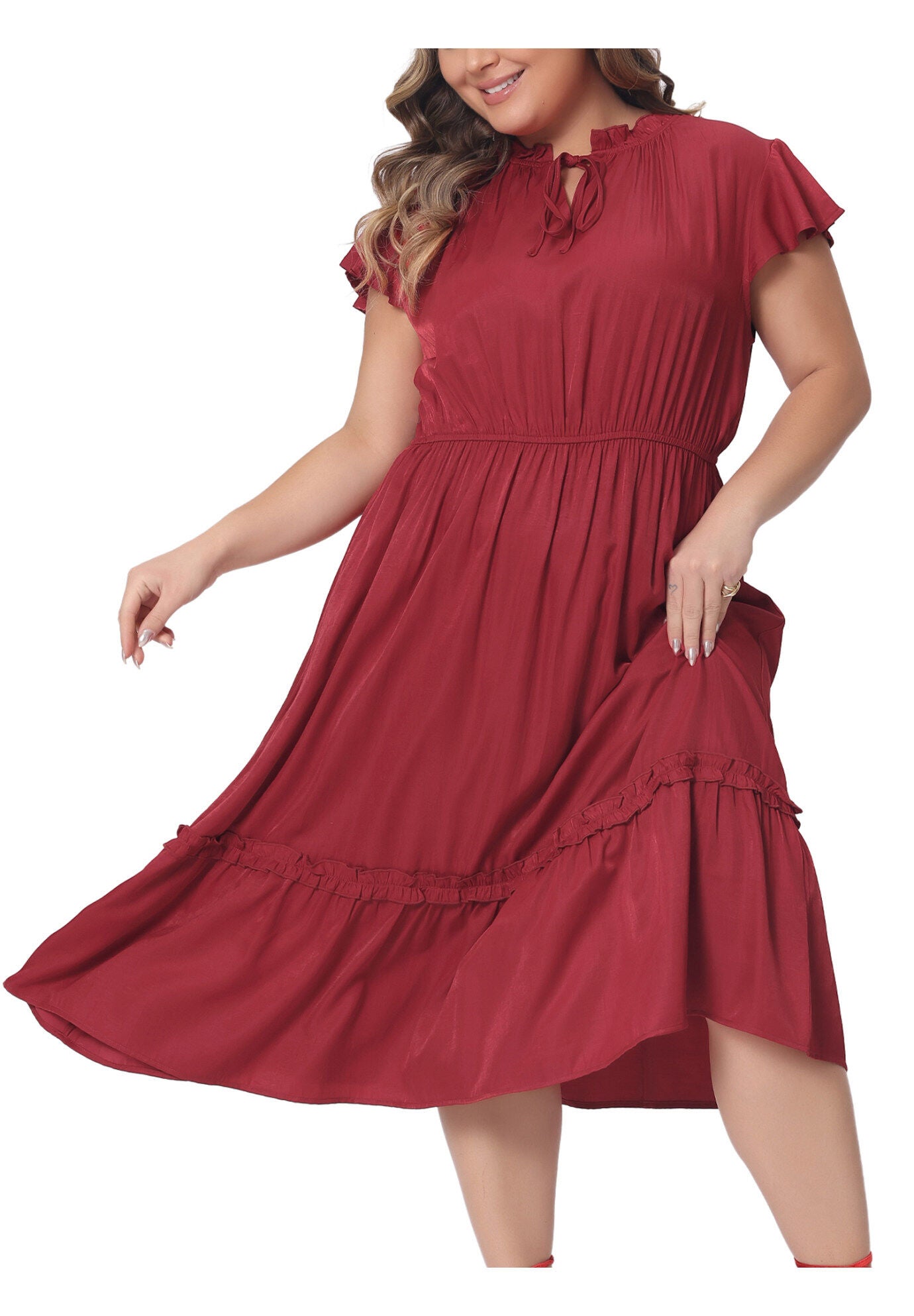 Summer Bow Tie Neck Ruffle Cap Sleeve A Line Midi Dress, Red / Red, alternate image number 2