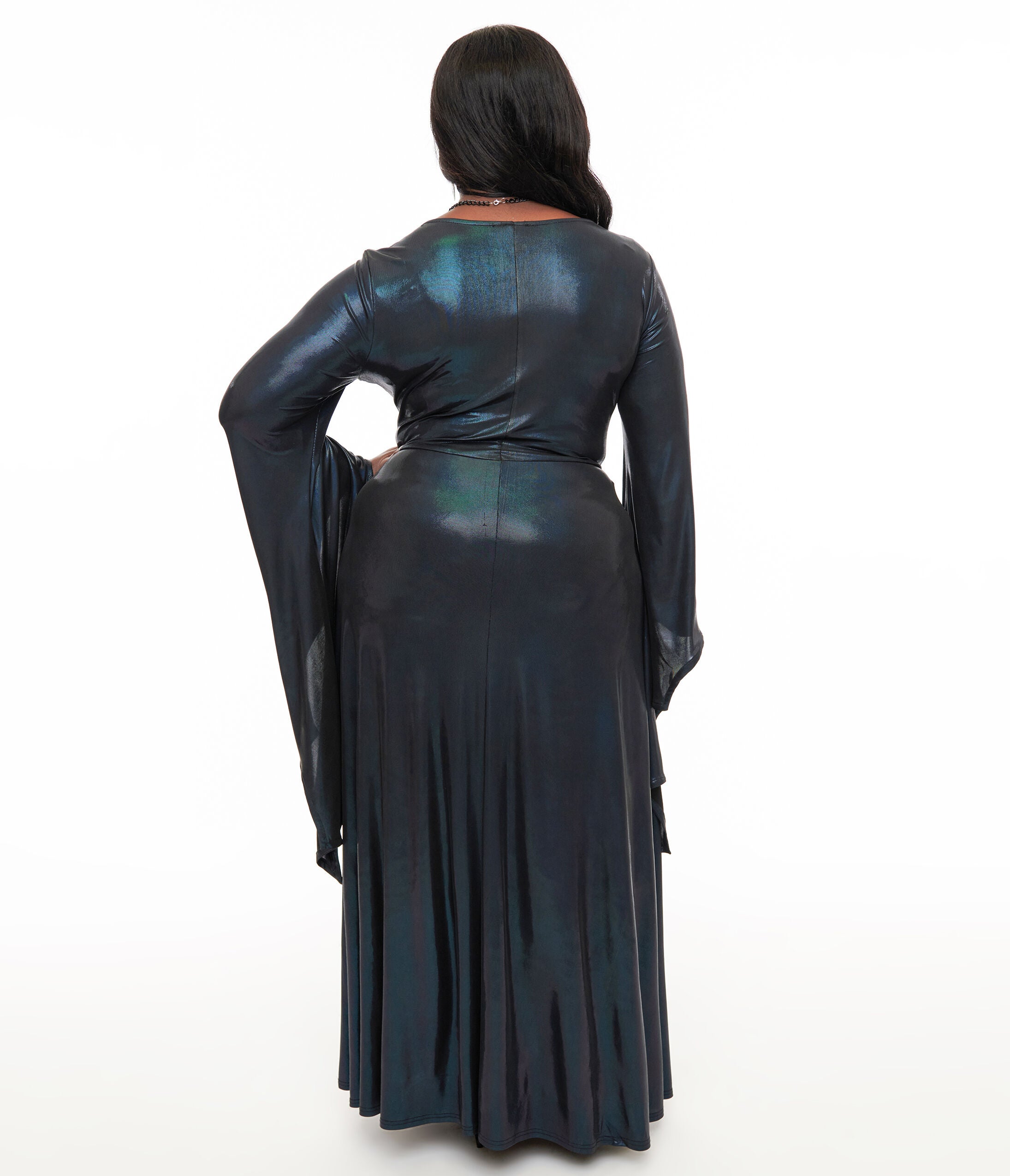 1960s Iridescent Dark Blue Bat Wing Sleeve Maxi Dress, Metallic Dark BlueBlack / Azure Blue, alternate image number 2