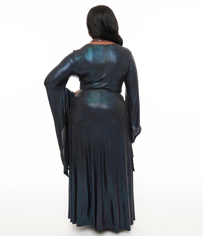 1960s Iridescent Dark Blue Bat Wing Sleeve Maxi Dress, Metallic Dark BlueBlack / Azure Blue, alternate image number 2