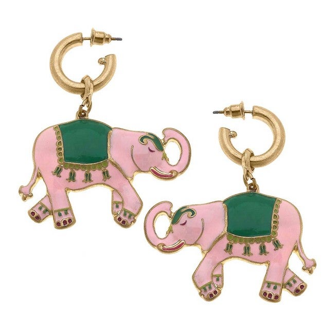 WOMEN'S LIVY ENAMEL ELEPHANT EARRINGS IN PINK/GREEN, PinkGreen / Pink, hi-res image number null