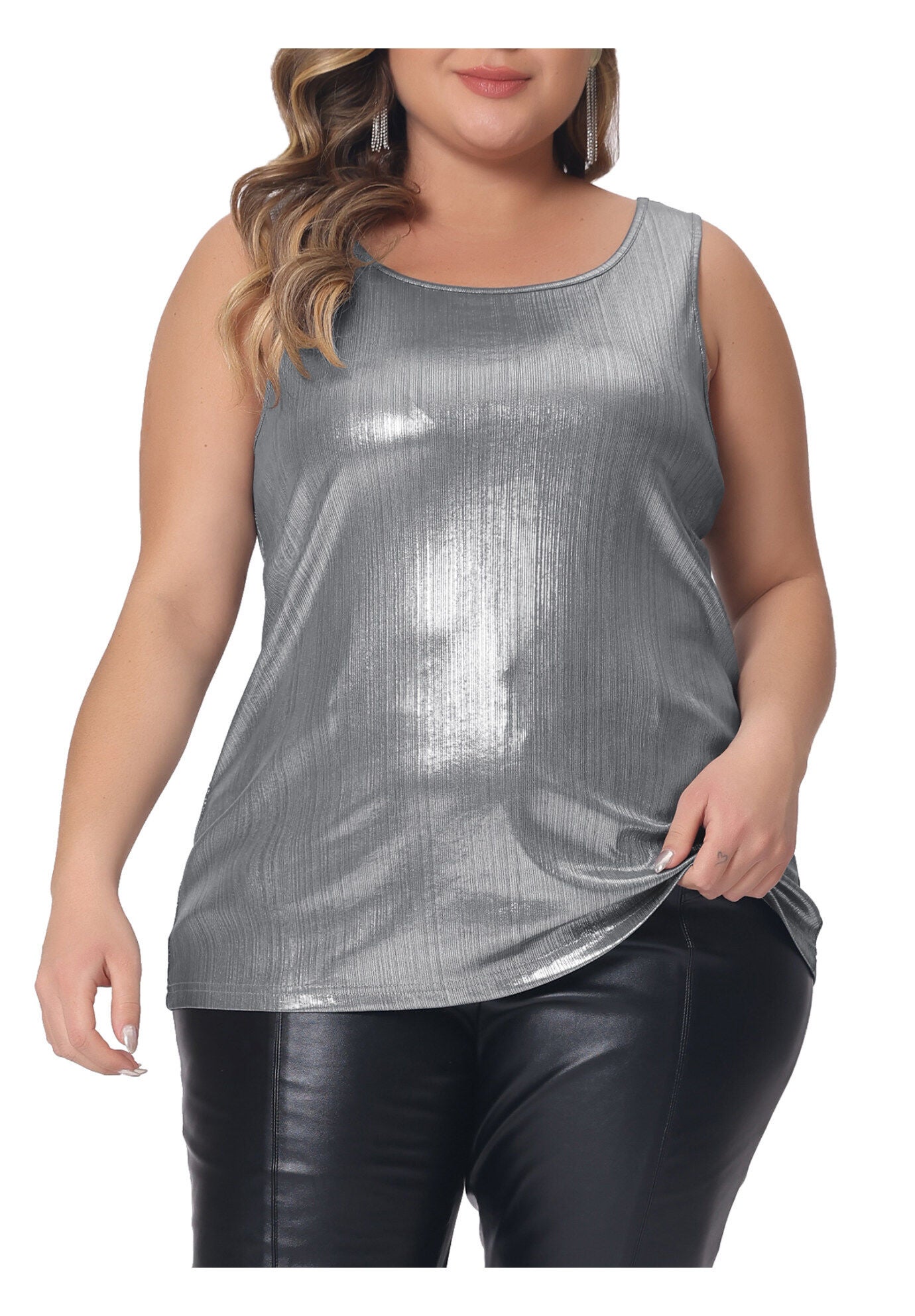 Crew Neck Sleeveless Holographic Shiny Metallic Tank Top, Silver / Silver, alternate image number 2