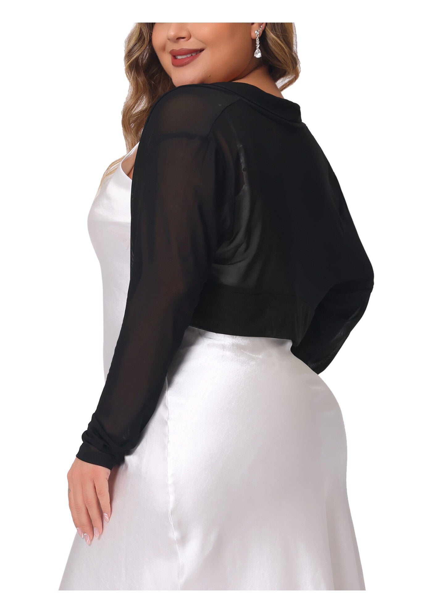LONG SLEEVE SHEER BOLERO SHRUG MESH CROP CARDIGAN, Black / Black, alternate image number 2