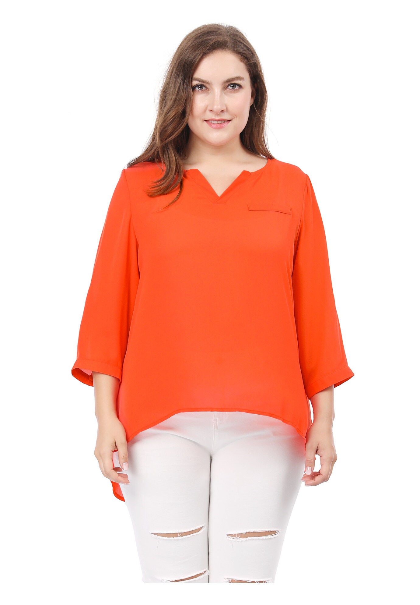 3/4 Sleeve Sheer Flowy Summer Split V Neck Blouse, Orange / Orange, alternate image number 4