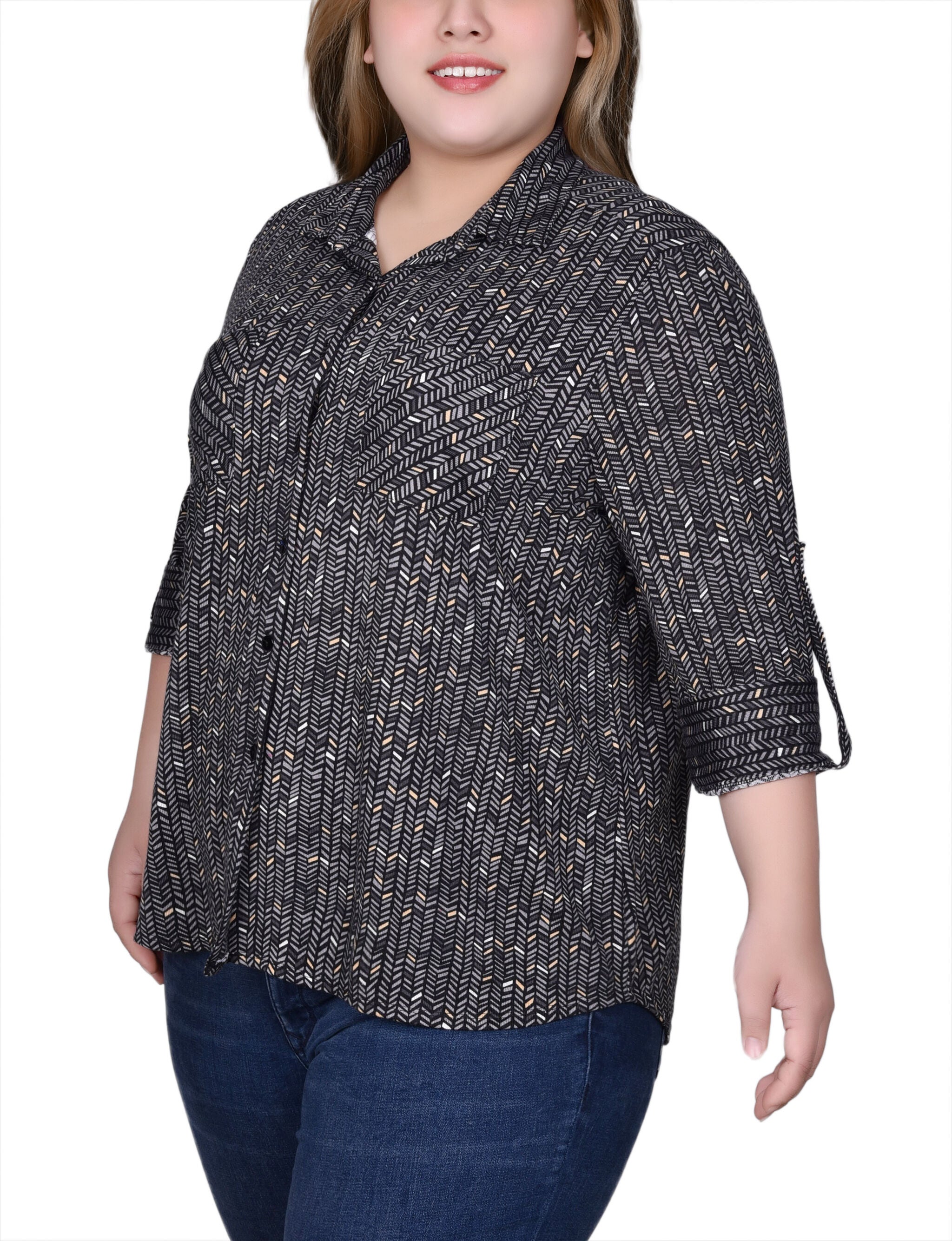 Long Sleeve Button Front Tunic Top, Grey Herring Bone, alternate image number 2