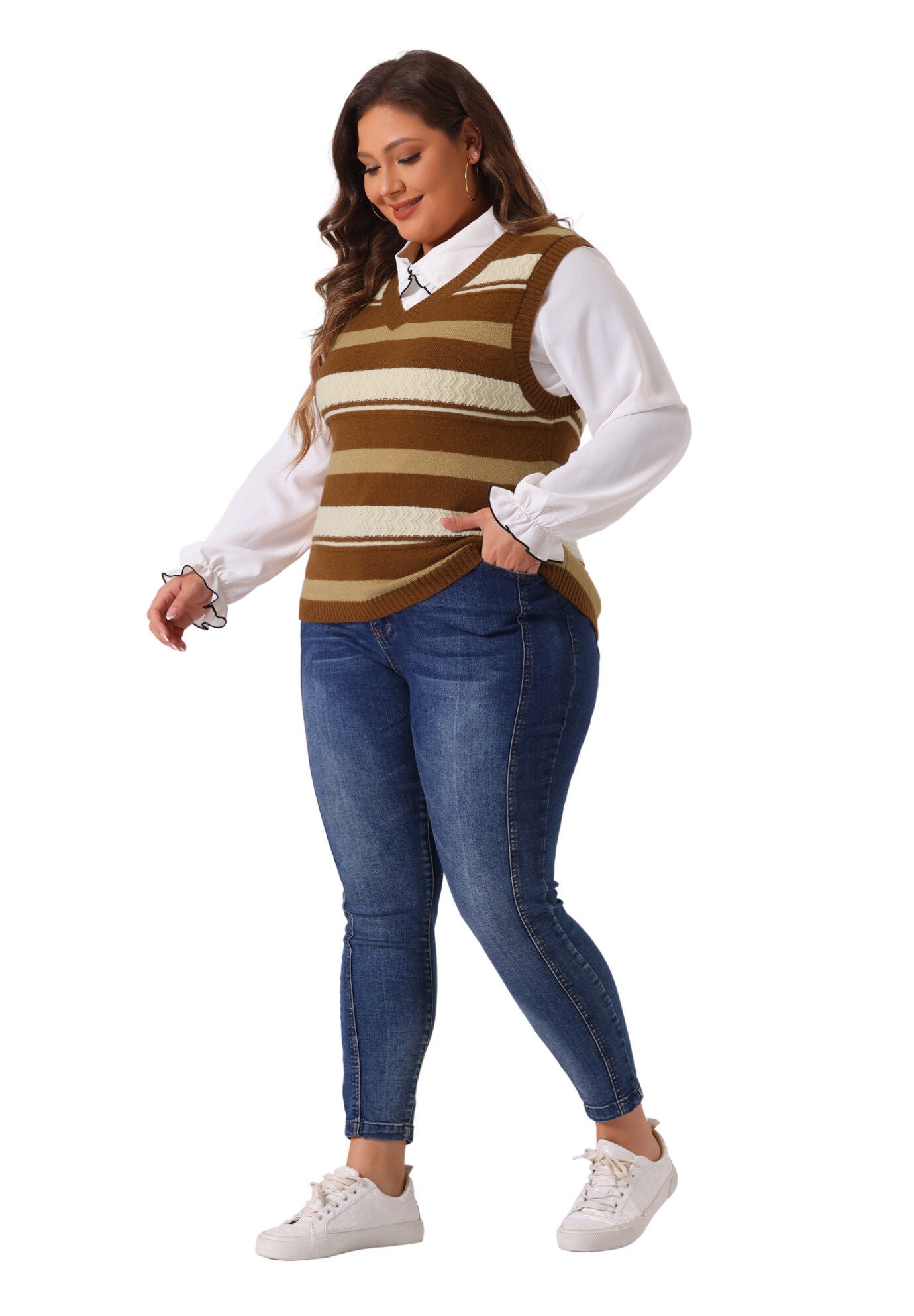 V Neck Striped Knit Casual Pullover Sweater Vest, Brown / Brown, hi-res image number 0