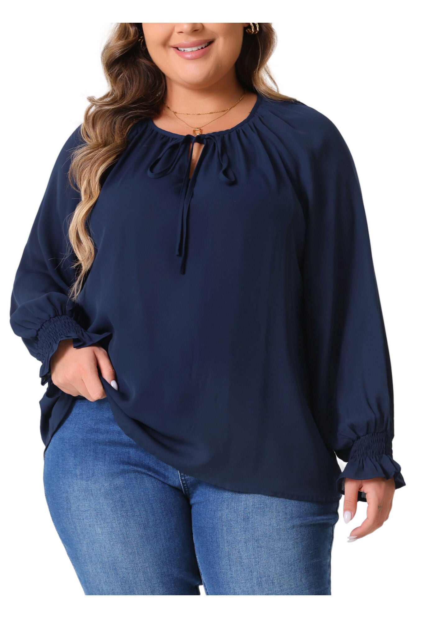 Casual V Neck Drawstring Long Sleeve Blouse Top, Navy Blue / Navy, alternate image number 1