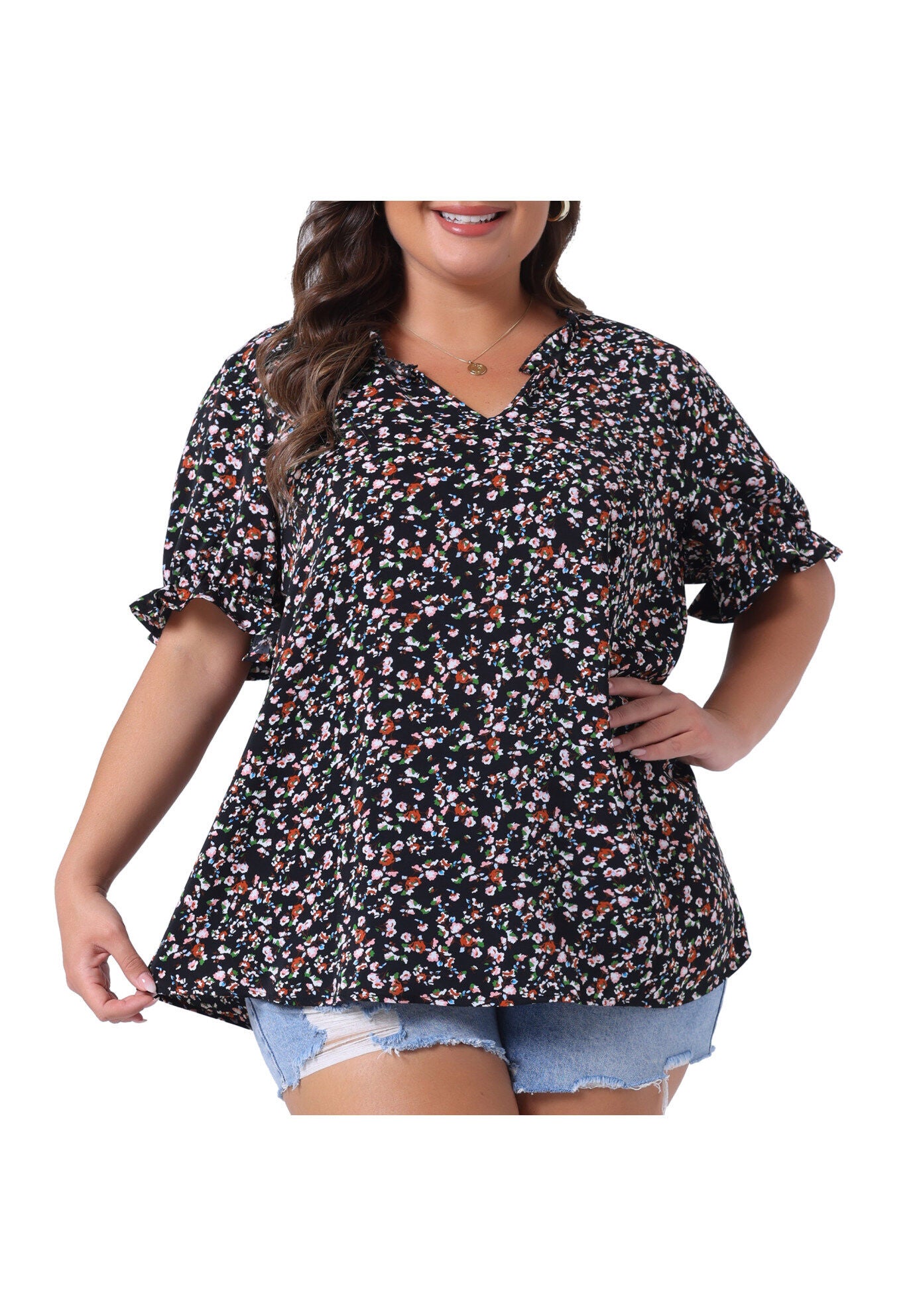 Floral V Neck Ruffle Puff Short Sleeve Blouse, Black / Black, alternate image number 4