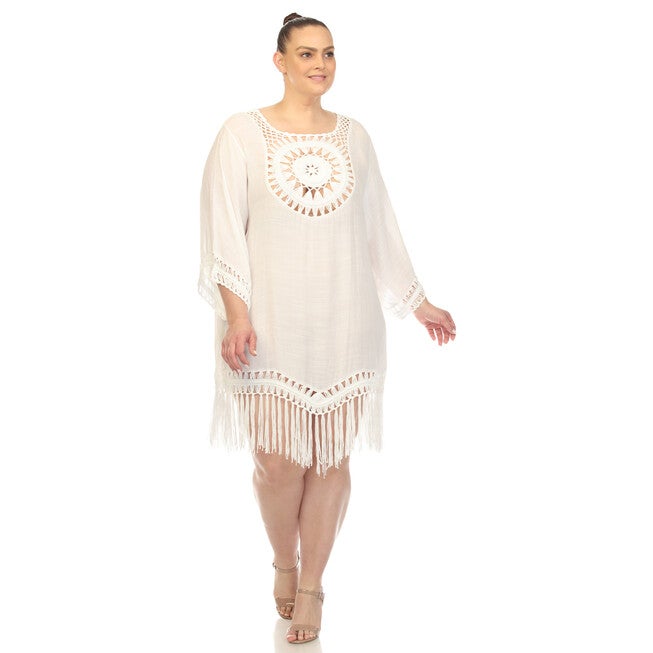 White Mark Crocheted Fringed Trim Dress Cover Up, , alternate image number null