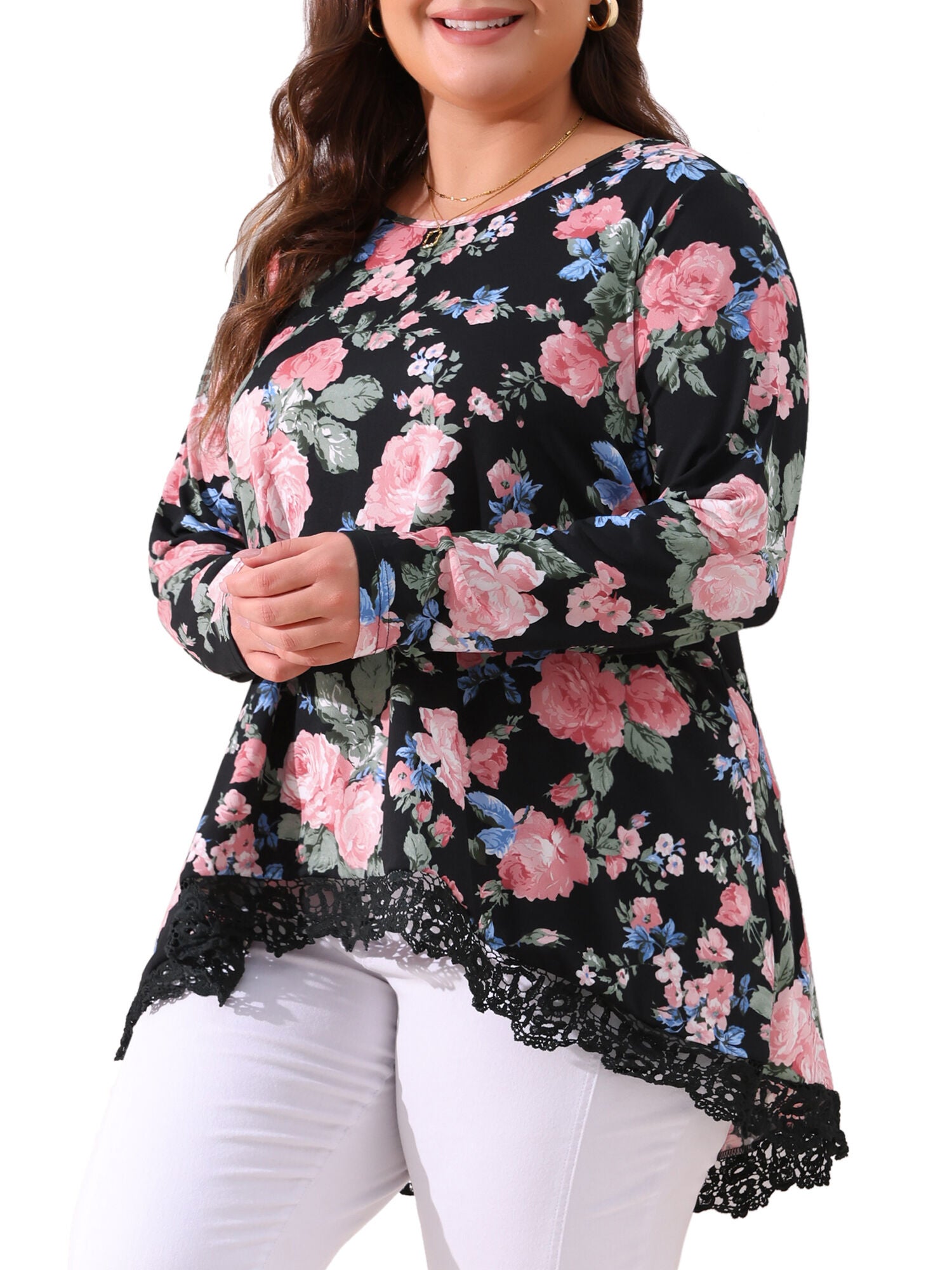 Crew Neck A-Line High Low Hem Floral Blouse, Black / Black, alternate image number 1