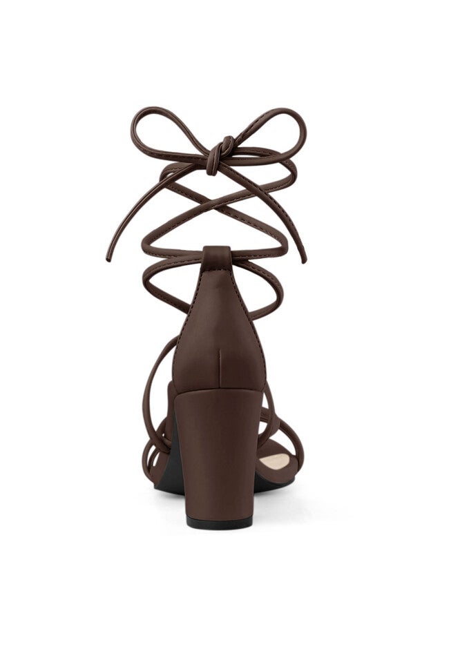 Strappy Lace Up Chunky Heeled Heels Sandals, Coffee / Brown, alternate image number 2