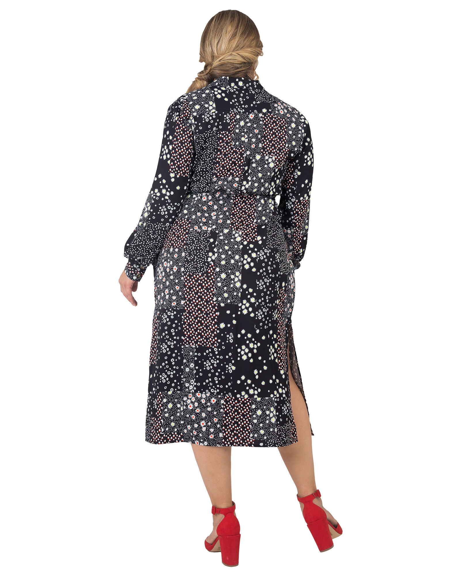 Plus Size Shoshanna Tie-Front Long Sleeve Midi Shirt Dress, Ditsy Floral / Black, alternate image number 3