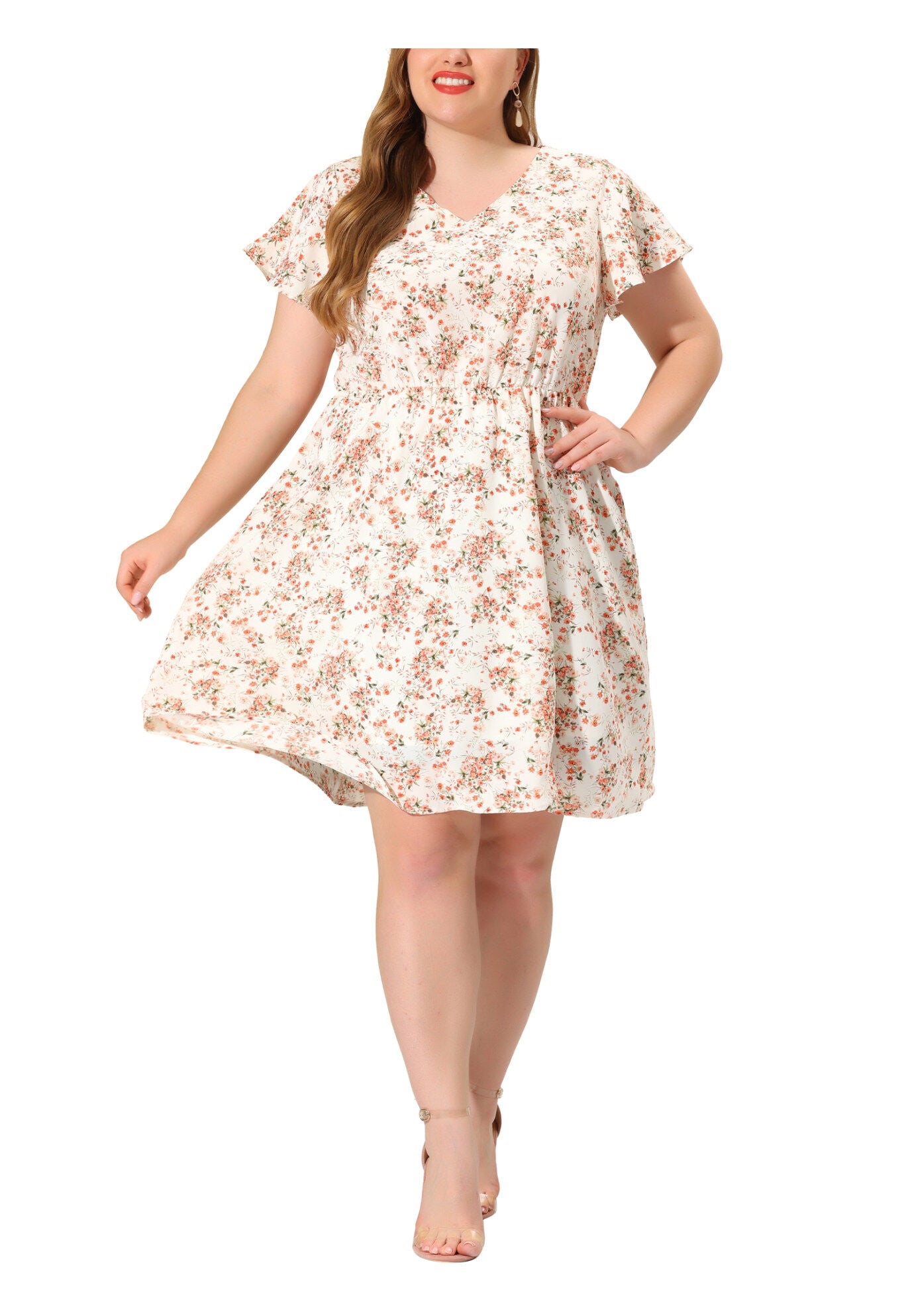 Summer V Neck Flare Sleeve Peplum Midi Ruffle Dress, Beige / Beige, alternate image number 2