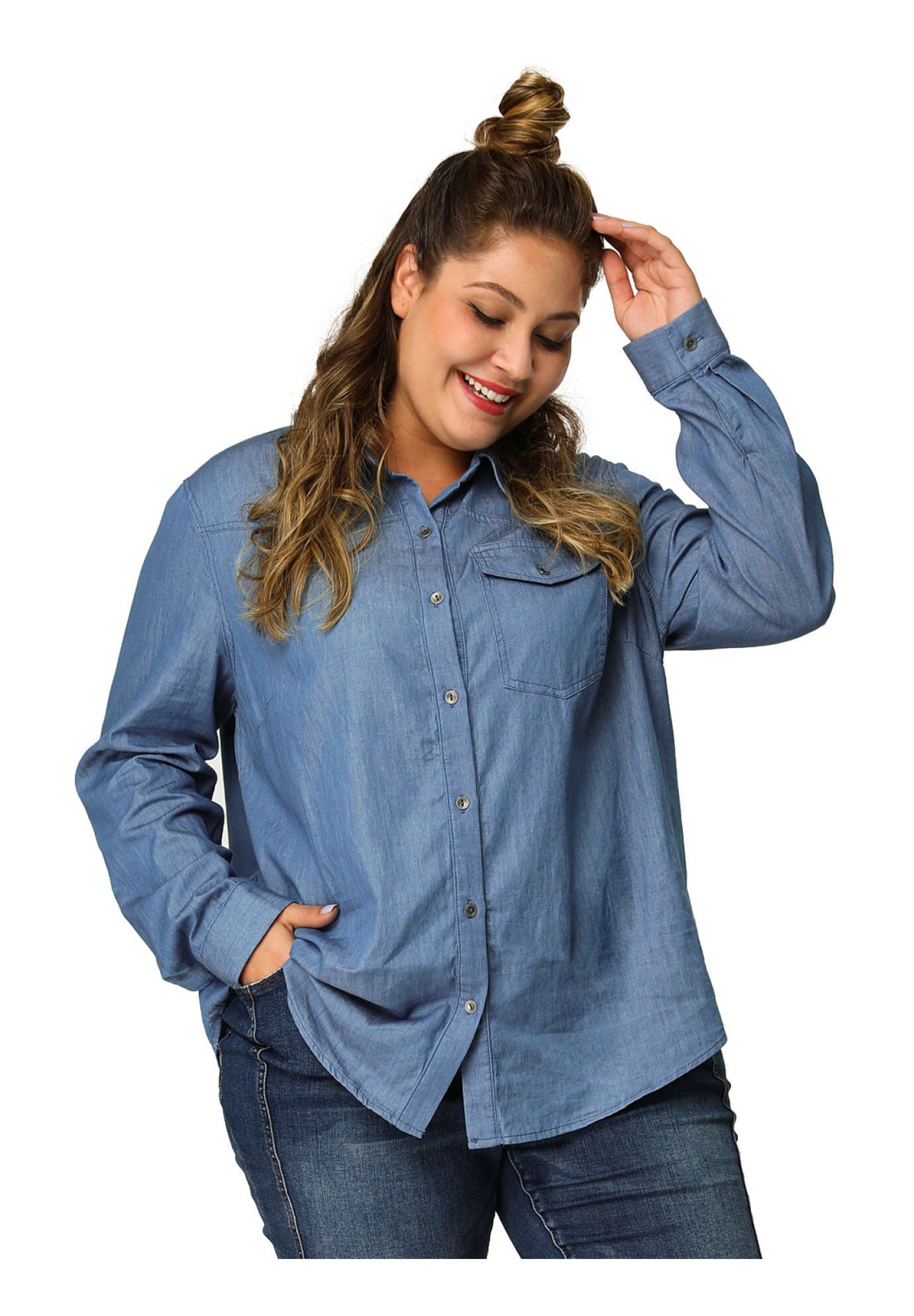 LONG SLEEVE CHEST POCKET DENIM CHAMBRAY SHIRT, Blue / Light Blue, alternate image number 1