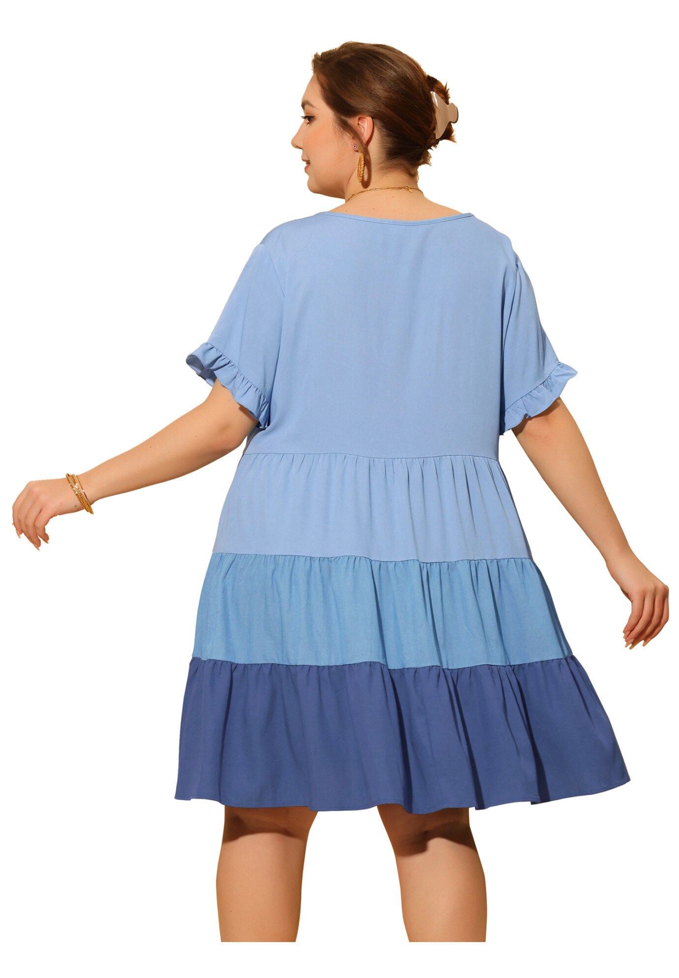 Babydoll Ruffle Short Sleeve Chambray Mini Dress, Blue / Light Blue, alternate image number 3