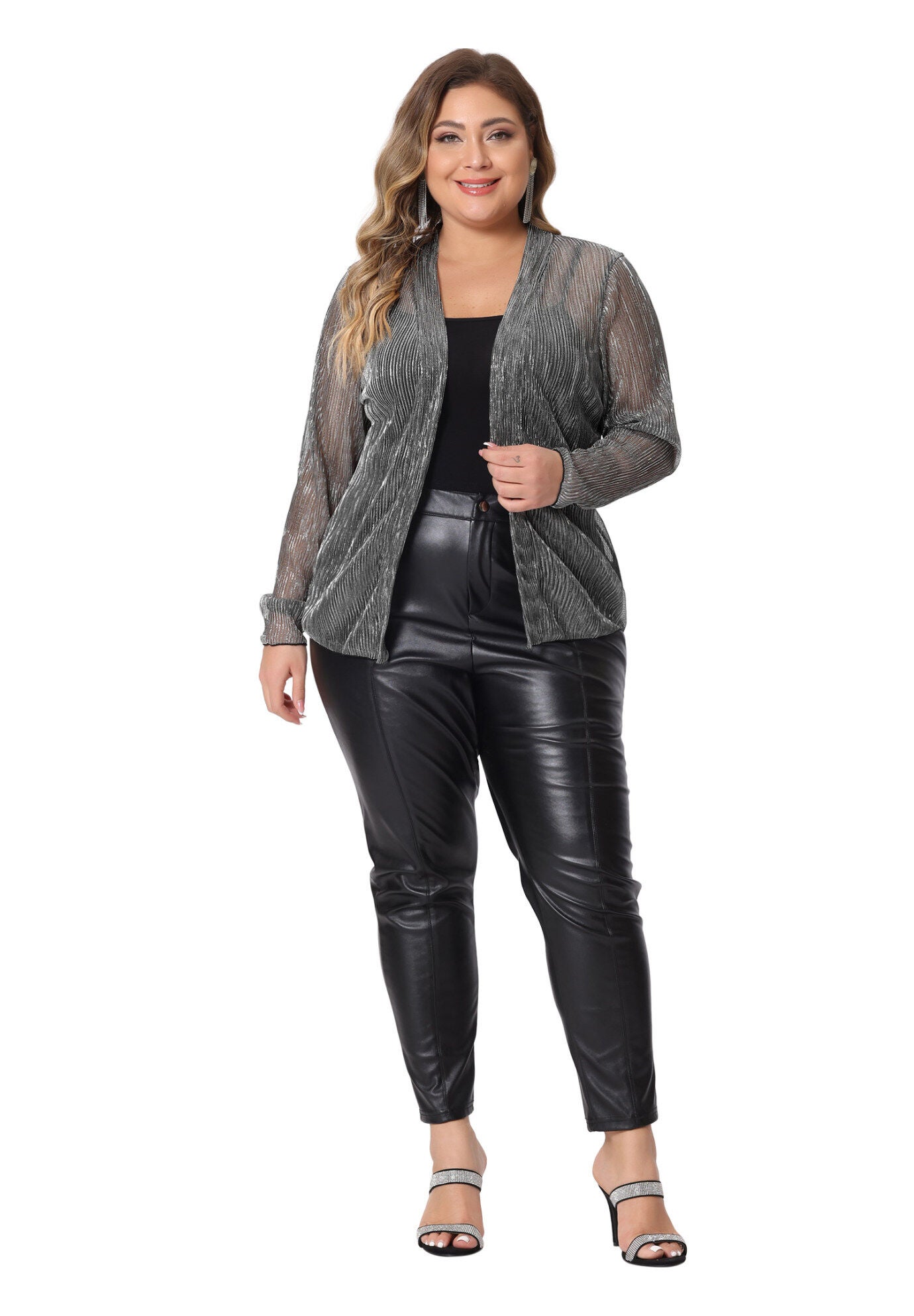 SHEER OPEN FRONT LONG SLEEVE GLITTER OUTWEAR, Silver / Silver, hi-res image number 0