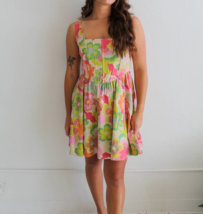 SUPER FLORAL LINEN DRESS, Lime / Light Green, hi-res image number null