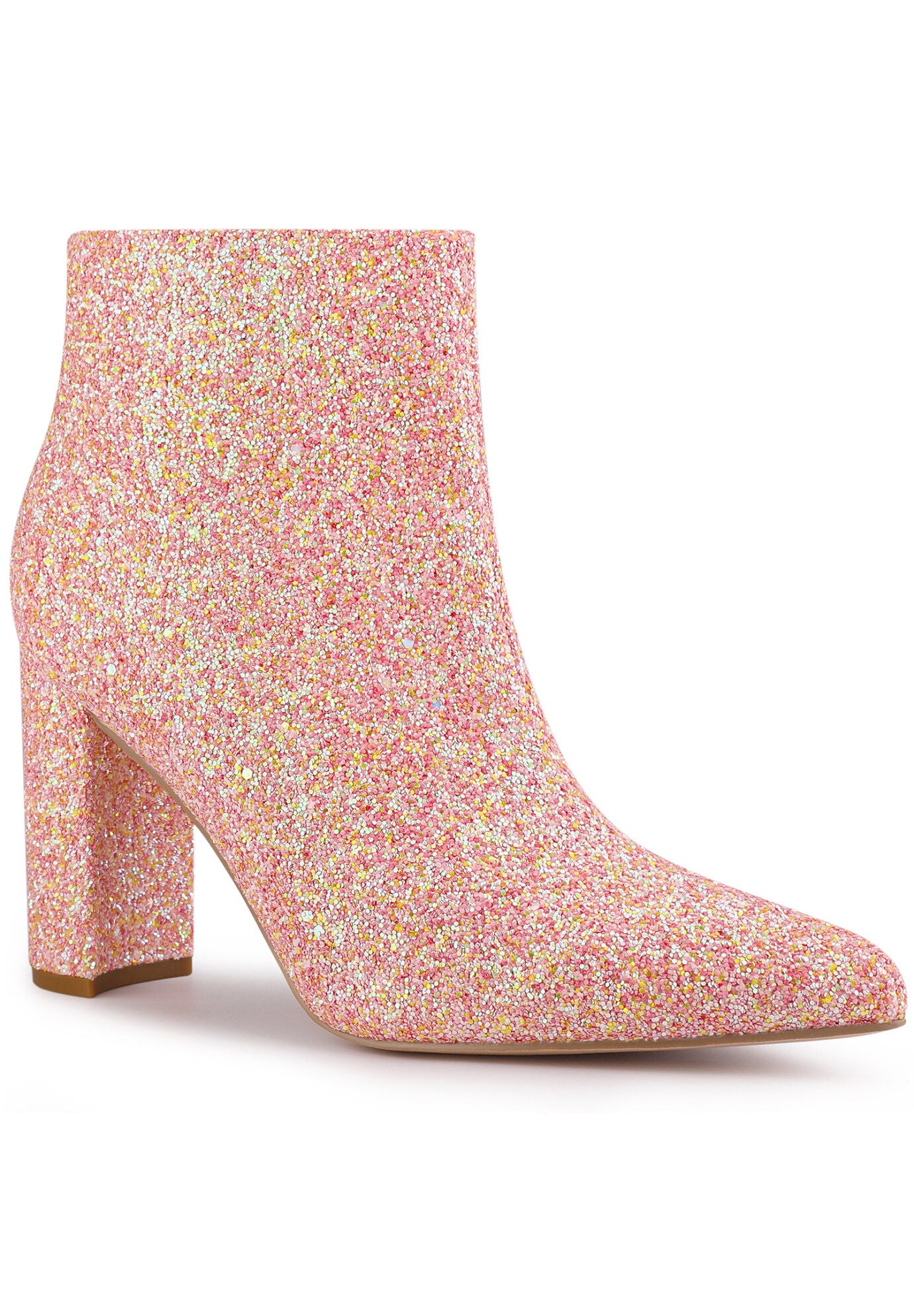 Glitter Pointed Toe Chunky Heels Sparkly Booties, Pink / Pink, hi-res image number 0