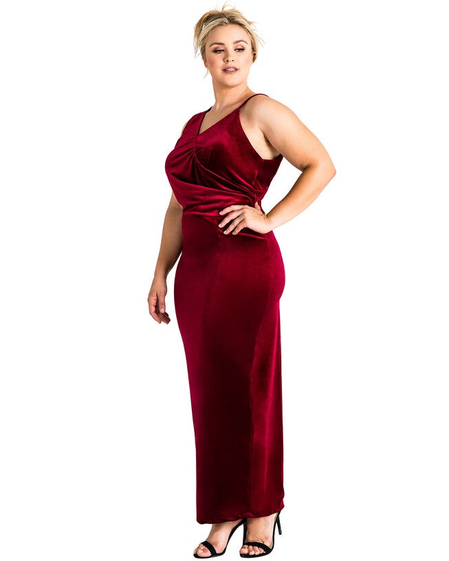 Plus Size Reagan Maxi Asymmetrical Velvet Dress, Red / Carmine, alternate image number 3