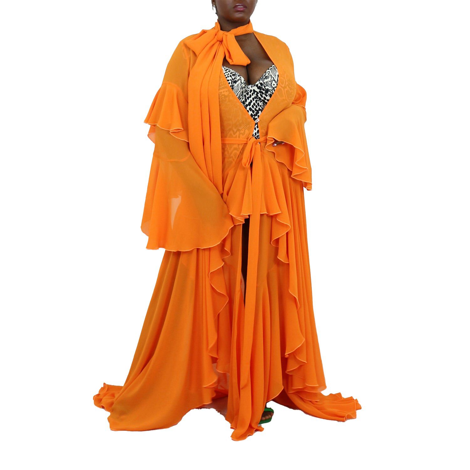 Korinne Deluxe Kaftan With Neck Tie Neon Orange, Orange / Orange, alternate image number 1