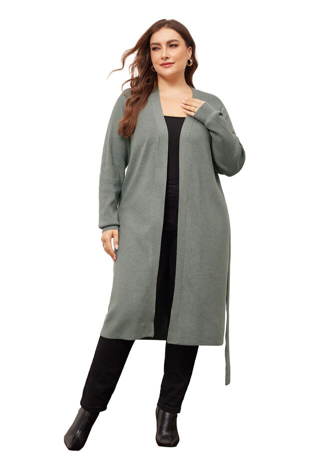KNIT SWEATER BELTED OVERWEAR LONG CARDIGAN, Grey / Light Grey, hi-res image number 0