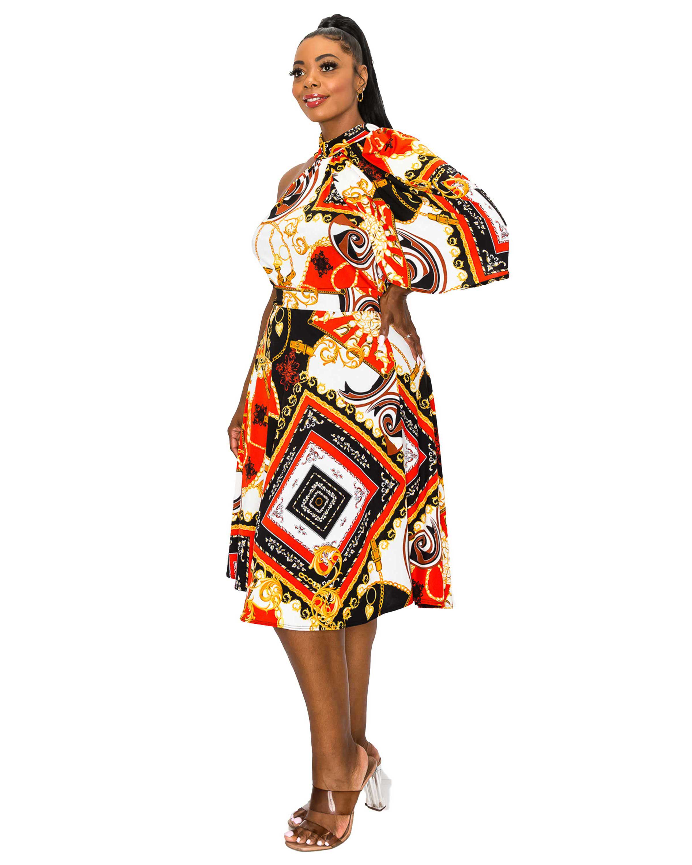 KNOWLES ONE SHOULDER BAROQUE PRINT FLARE, RedBlack / Red, alternate image number 2