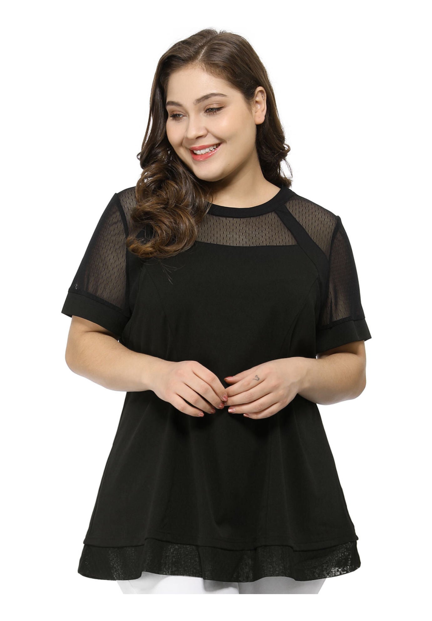 ROUND NECK SHORT SLEEVE MESH SHEER SUMMER PEPLUM TOP, Black / Black, alternate image number 2