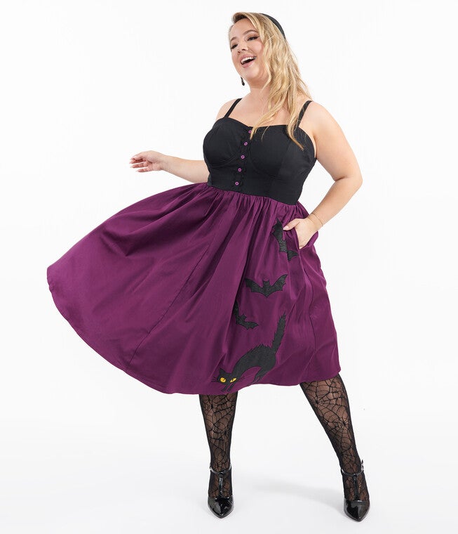 1950s Purple & Black Glitter Cat Swing Dress, Purple Black Glitter Cat / Purple, alternate image number 1