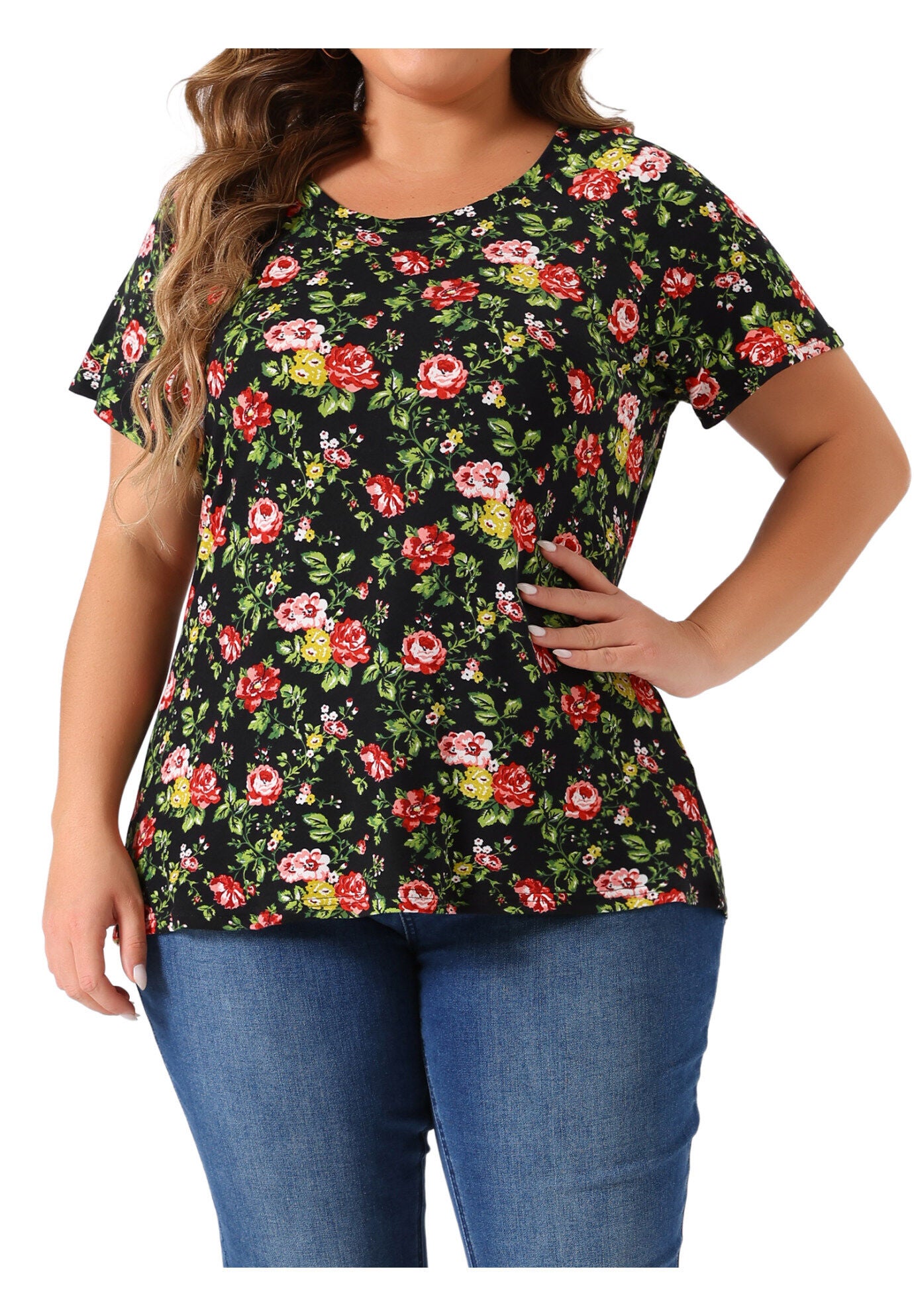 Floral Blouse Short Sleeves Loose Top, Black / Black, alternate image number 1
