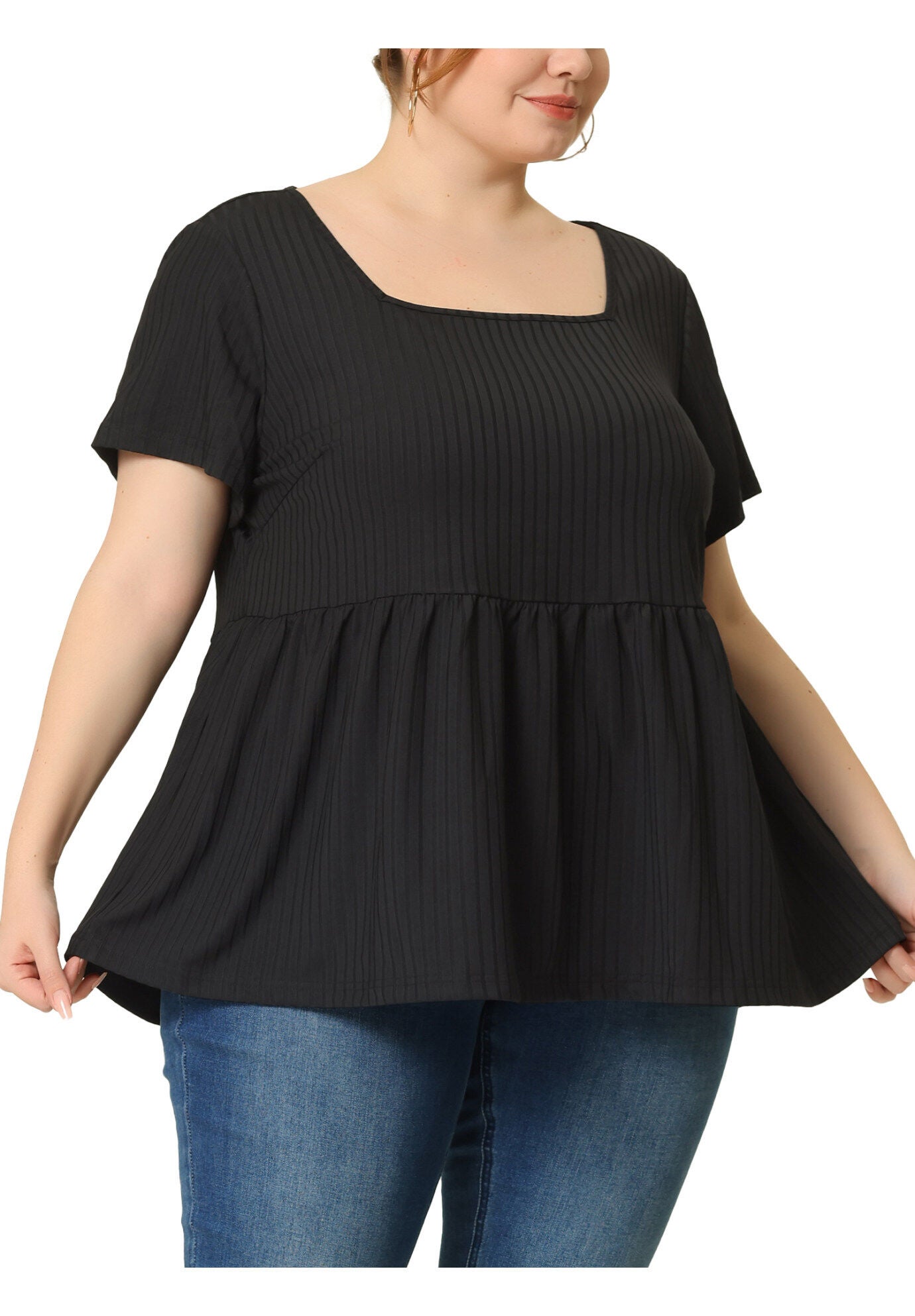 Babydoll Top Summer Peplum Short Sleeve Summer Oversized Tunic Blouse, Black / Black, alternate image number 1