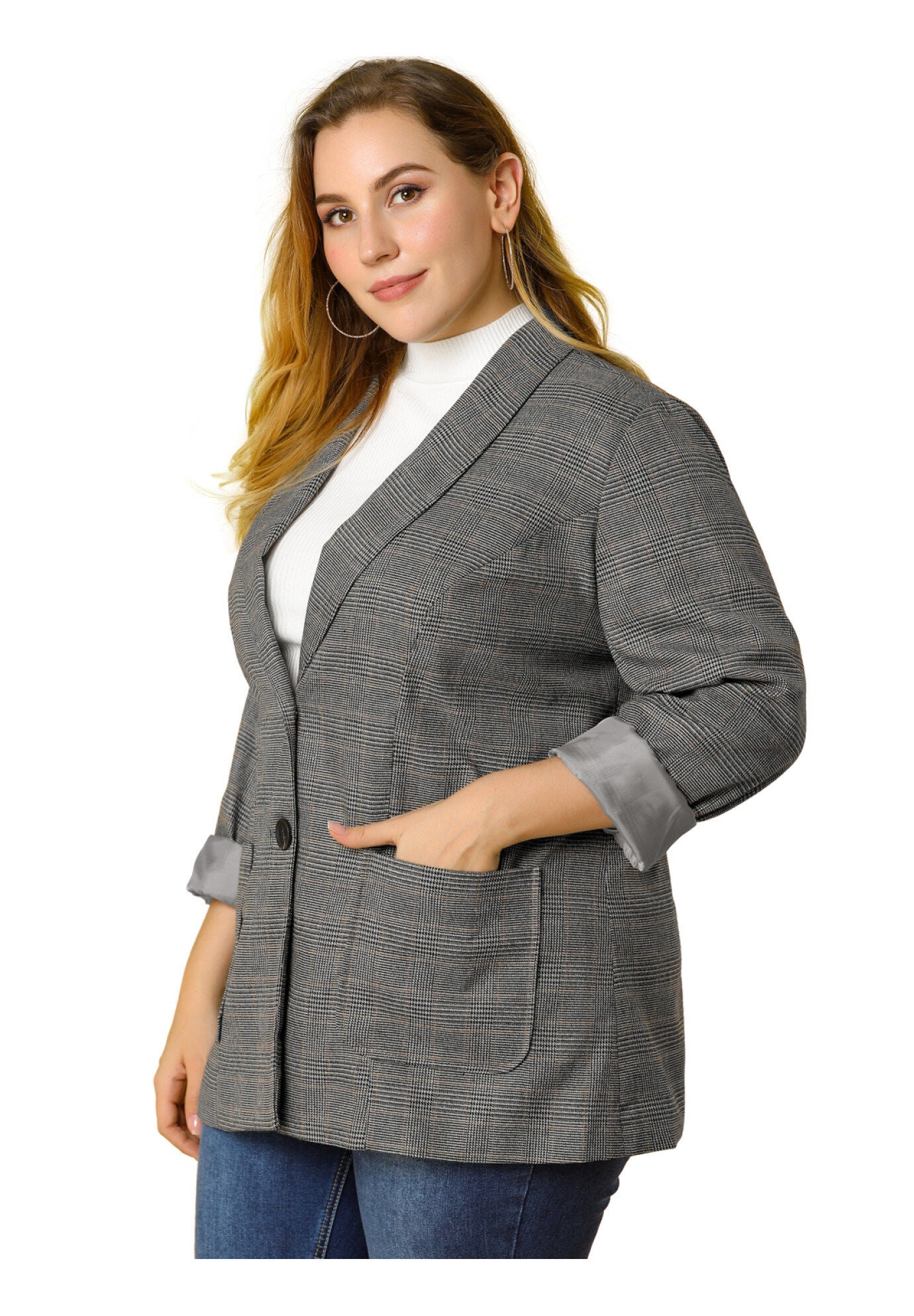 PLAID LAPEL SINGLE BREASTED BLAZER, Grey / Light Grey, alternate image number 2