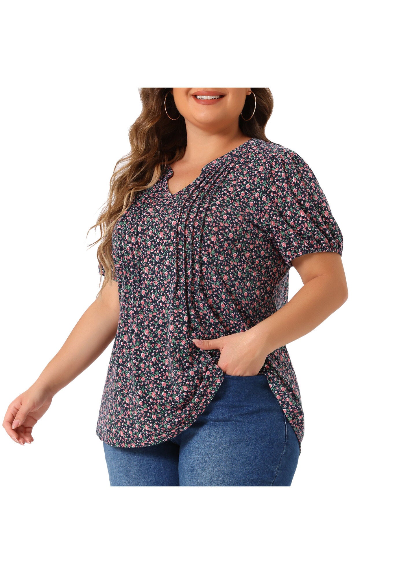 Short Sleeve Pleated T-Shirts Notched V Neck Blouse Floral Top, Navy Blue / Navy, alternate image number 1