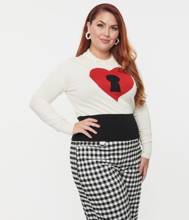 Unique Vintage Plus Size Cream & Red Locked Heart Sweater, Cream Red / Cream, hi-res image number 0