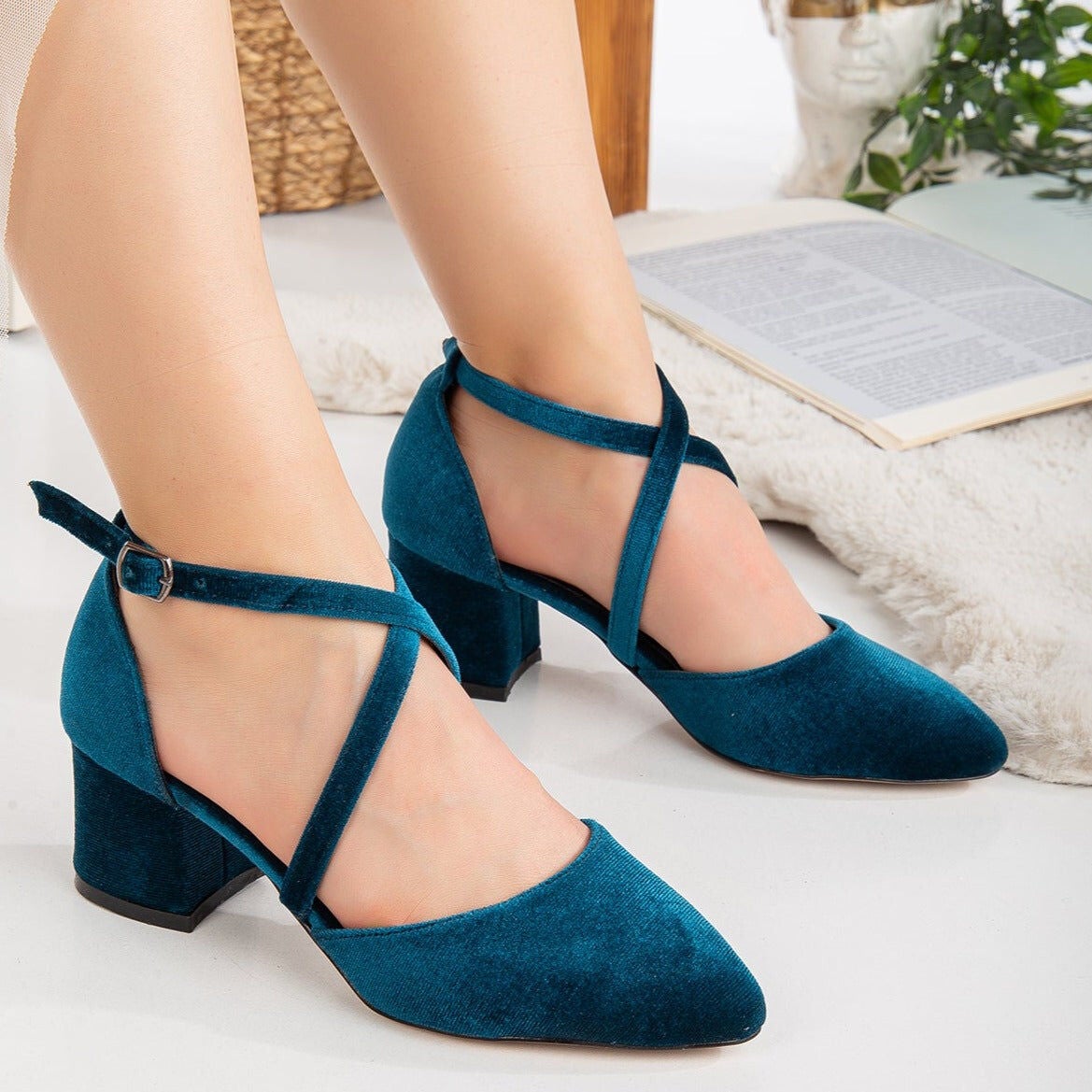 Dolly Low Block Heel Pumps, Teal Blue Velvet / Teal, alternate image number 5