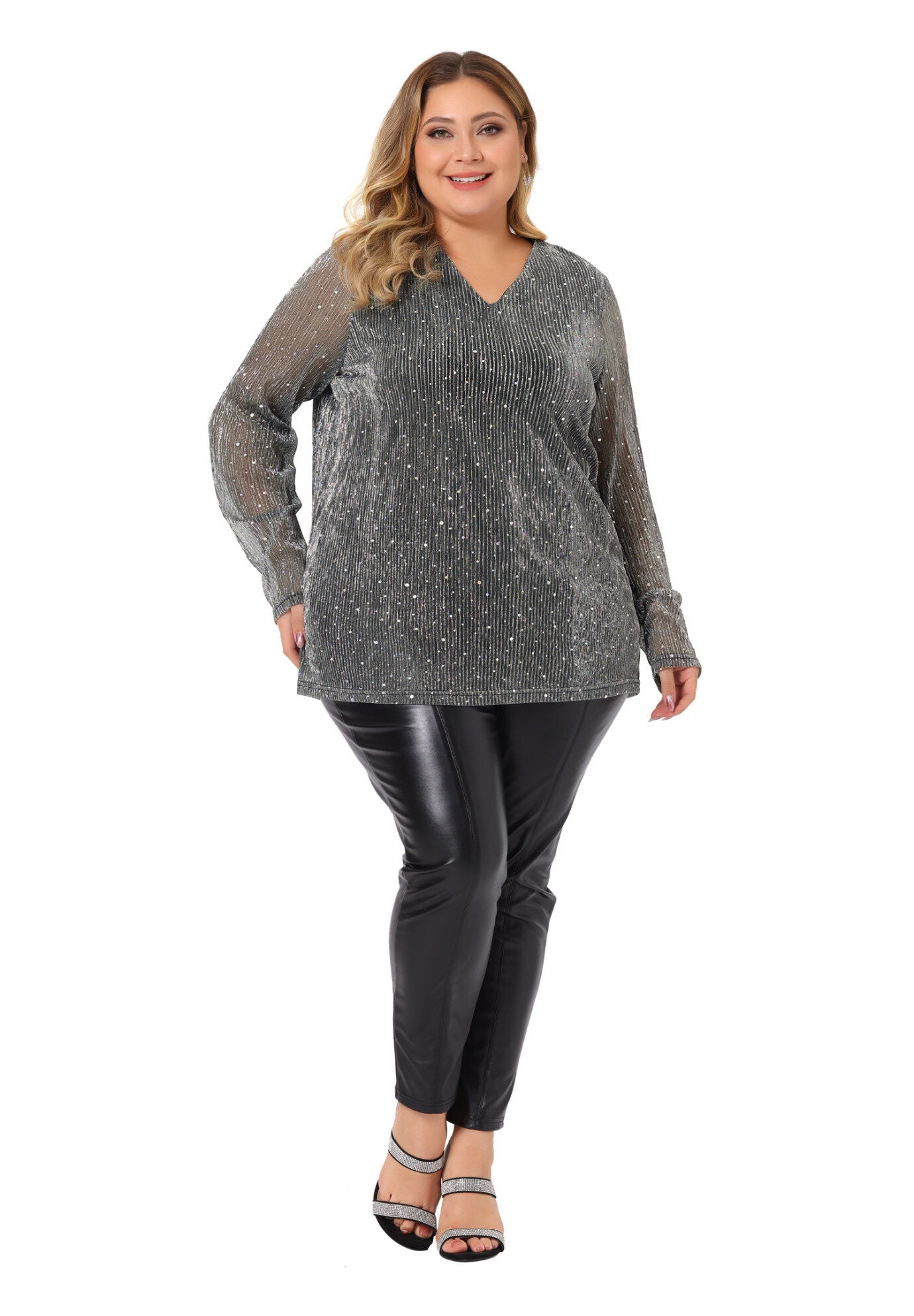LONG SLEEVE GLITTER SPARKLE TOP, Silver / Silver, hi-res image number 0