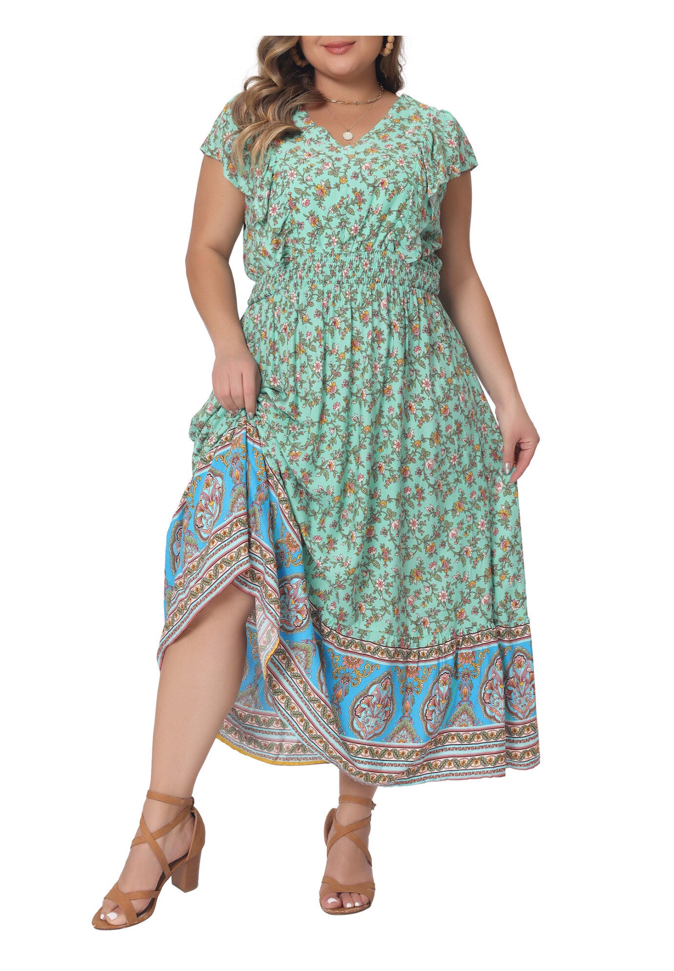 V Neck Ruffle Sleeve Boho Floral Maxi Long Dress, Mint Green / Mint, alternate image number 1