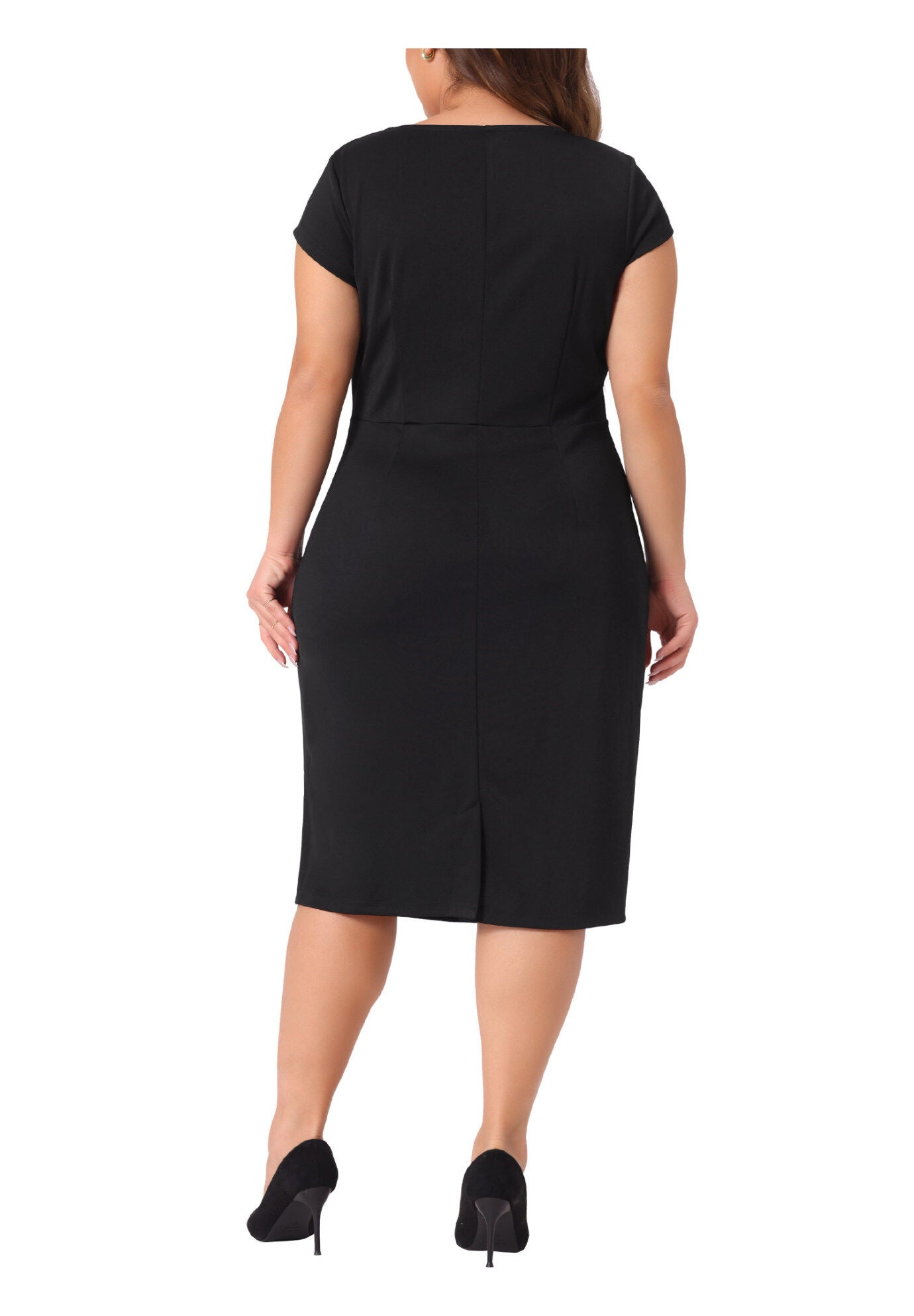 Cap Sleeve Ruched Cocktail Business Midi Pencil Dress, Black / Black, alternate image number 3