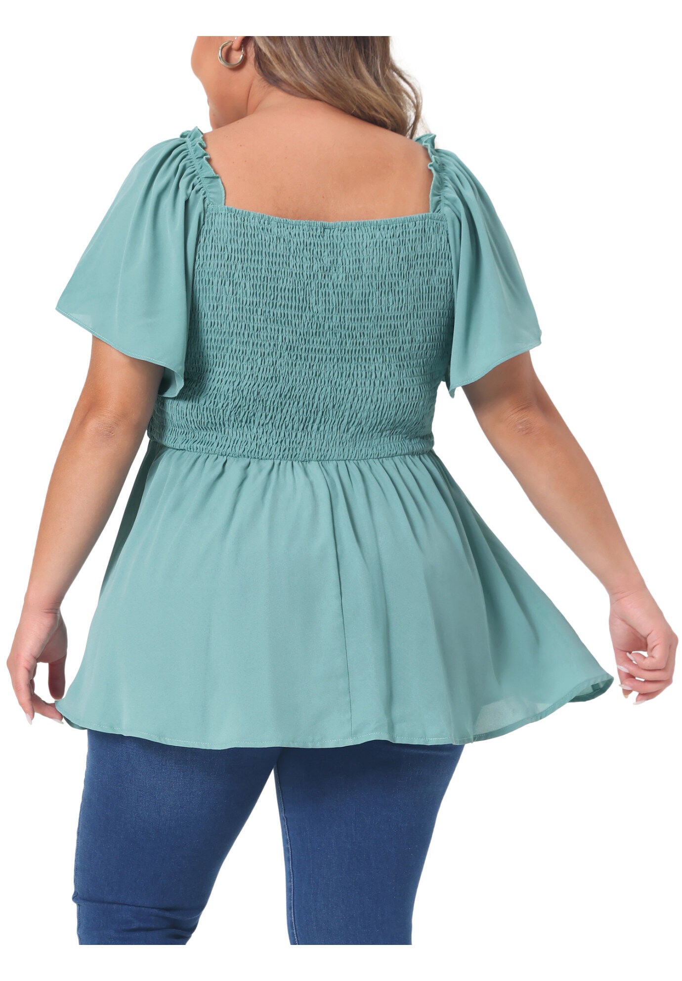 Square Neck Short Sleeve Ruffle Hem Loose Fit Blouse, Green / Mint, alternate image number 3