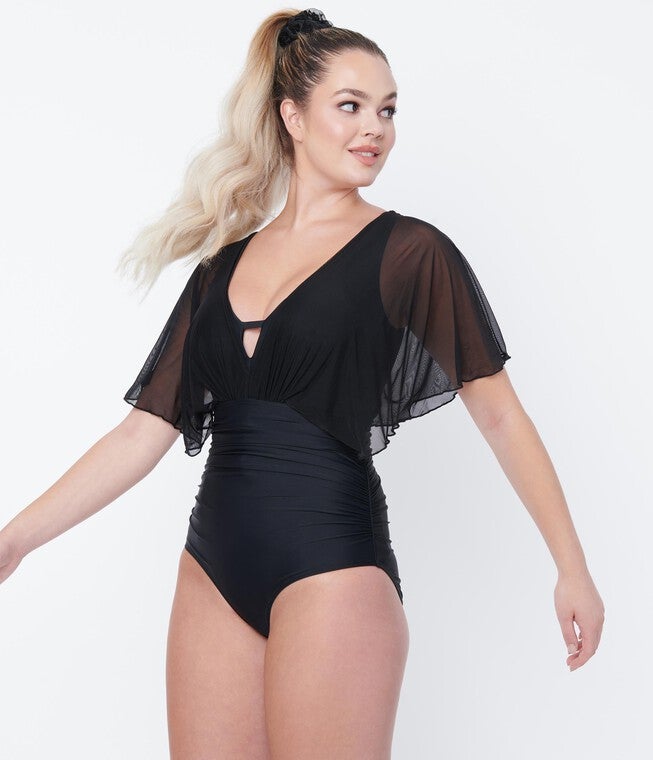 Unique Vintage Black Mesh Sleeved Torrey Swimsuit, Black Mesh / Black, alternate image number 1