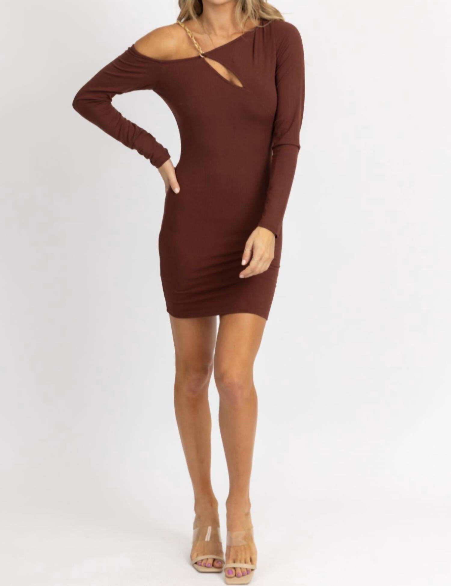 ASYMMETRICAL CHAIN TRIM MINI DRESS IN BROWNIE, Brownie / Brown, hi-res image number 0