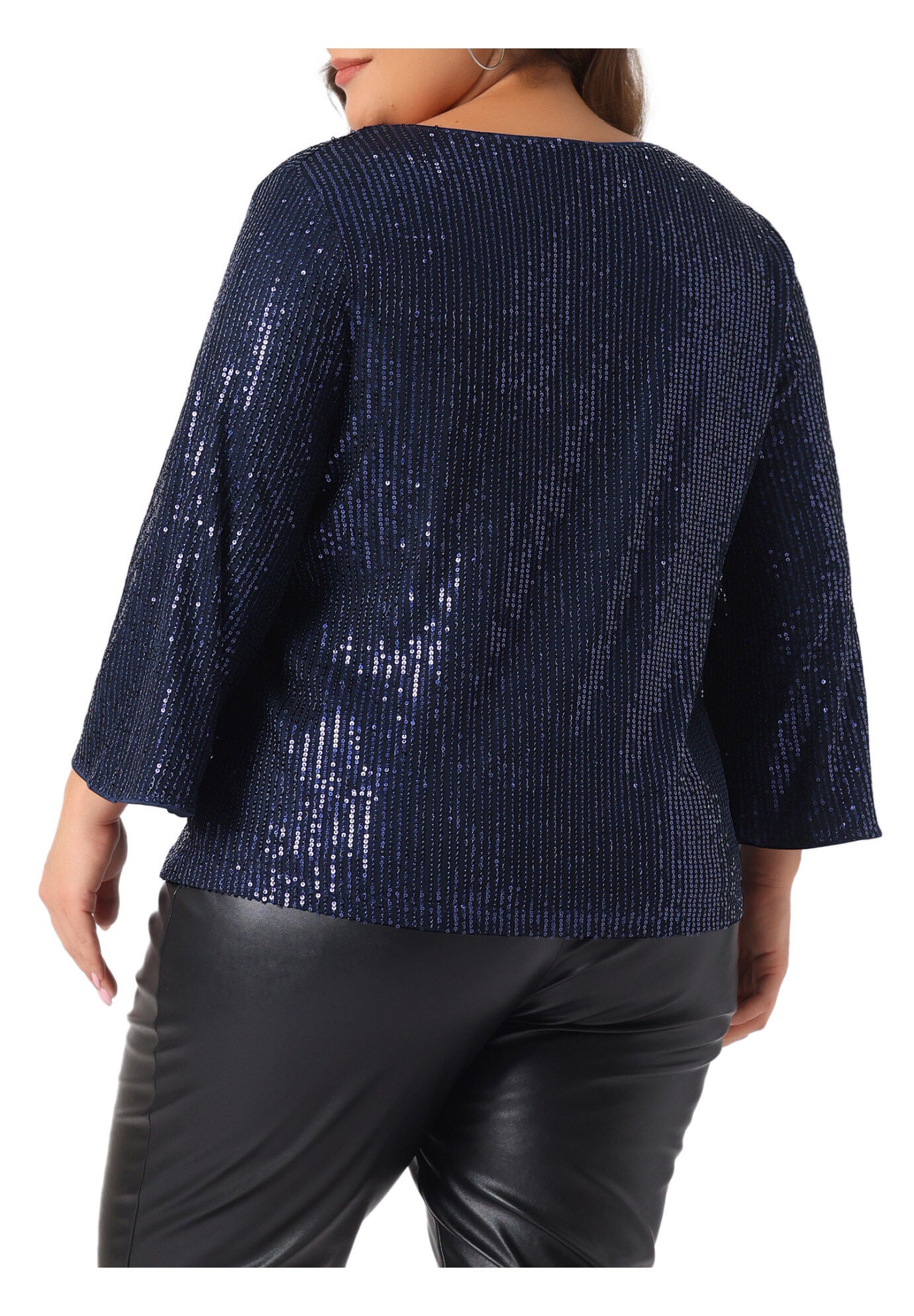 Sequin 3/4 Sleeve V Neck Glitter Top, Navy Blue / Navy, alternate image number 3