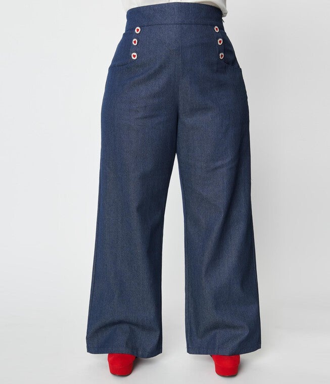 Unique Vintage Plus Size Heart Buttoned Denim High Waist Ginger Jeans, , alternate image number null